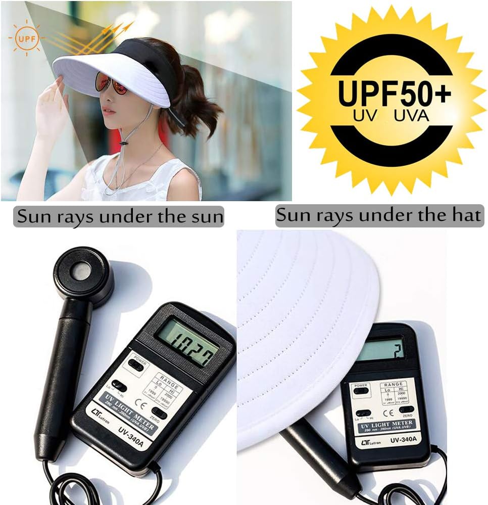 Woman wearing a Sun Visor Hats Women Large Brim Summer UV Protection Beach Cap and sunglasses, styled with a white t-shirt and ponytail, looking to the side against a white background.