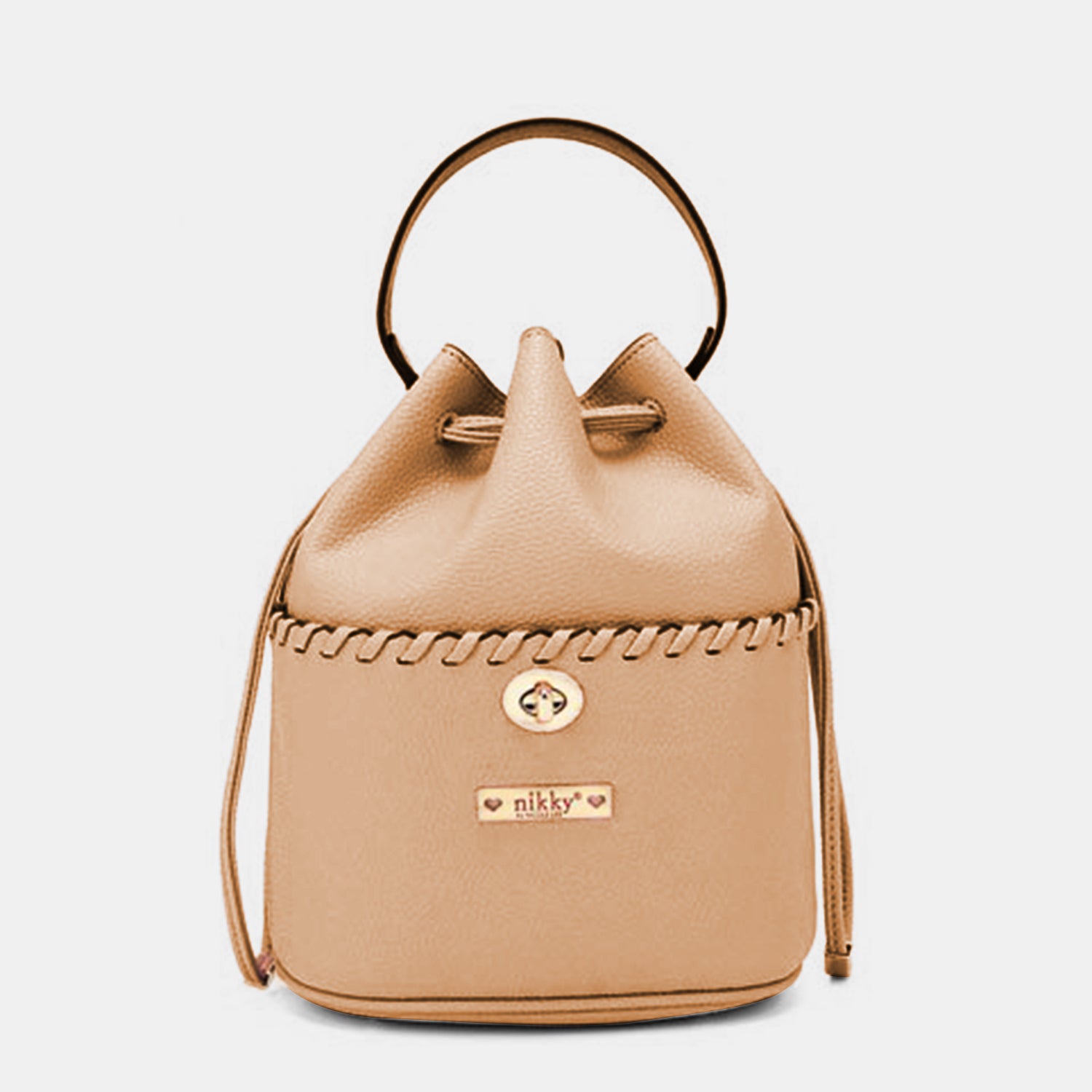 Nicole Lee USA Drawstring Bucket Bag made from eco-leather with an adjustable black strap, featuring a cinched top and gold-toned hardware, along with a silver clasp at the front.