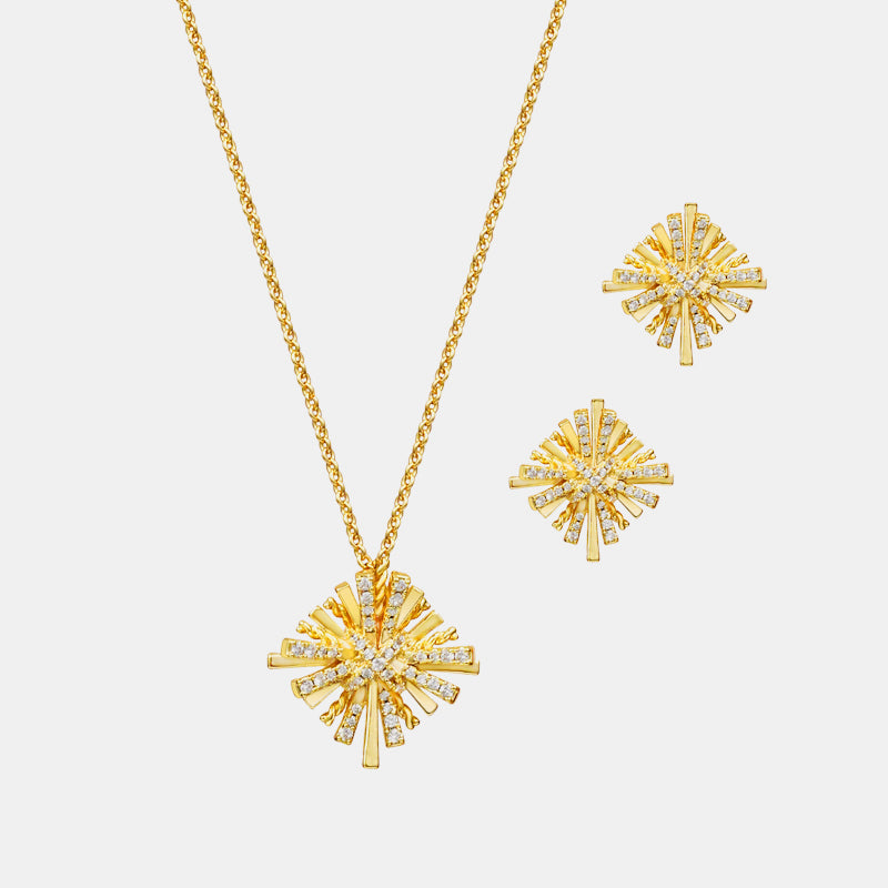 A breathtaking Starburst Gold-Plated Earrings and Necklace Set adorned with shimmering zircon accents.