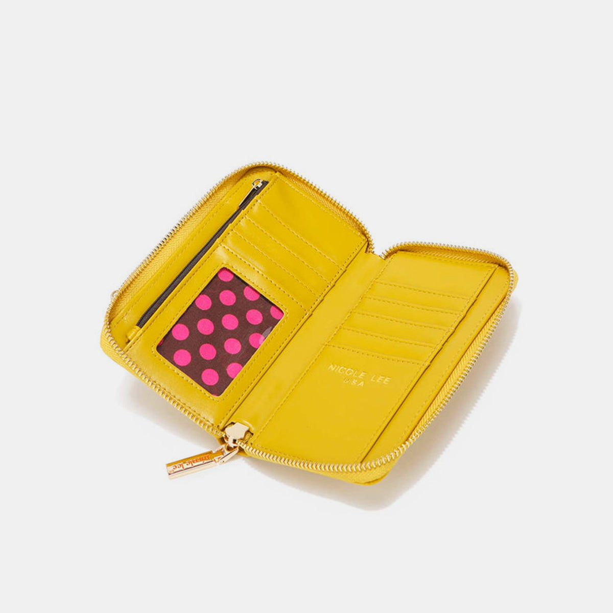 A yellow Nicole Lee USA 2 Piece Phone Case Crossbody Wallet, crafted from vegan leather, with a detachable strap and a snap button closure, displayed against a white background.