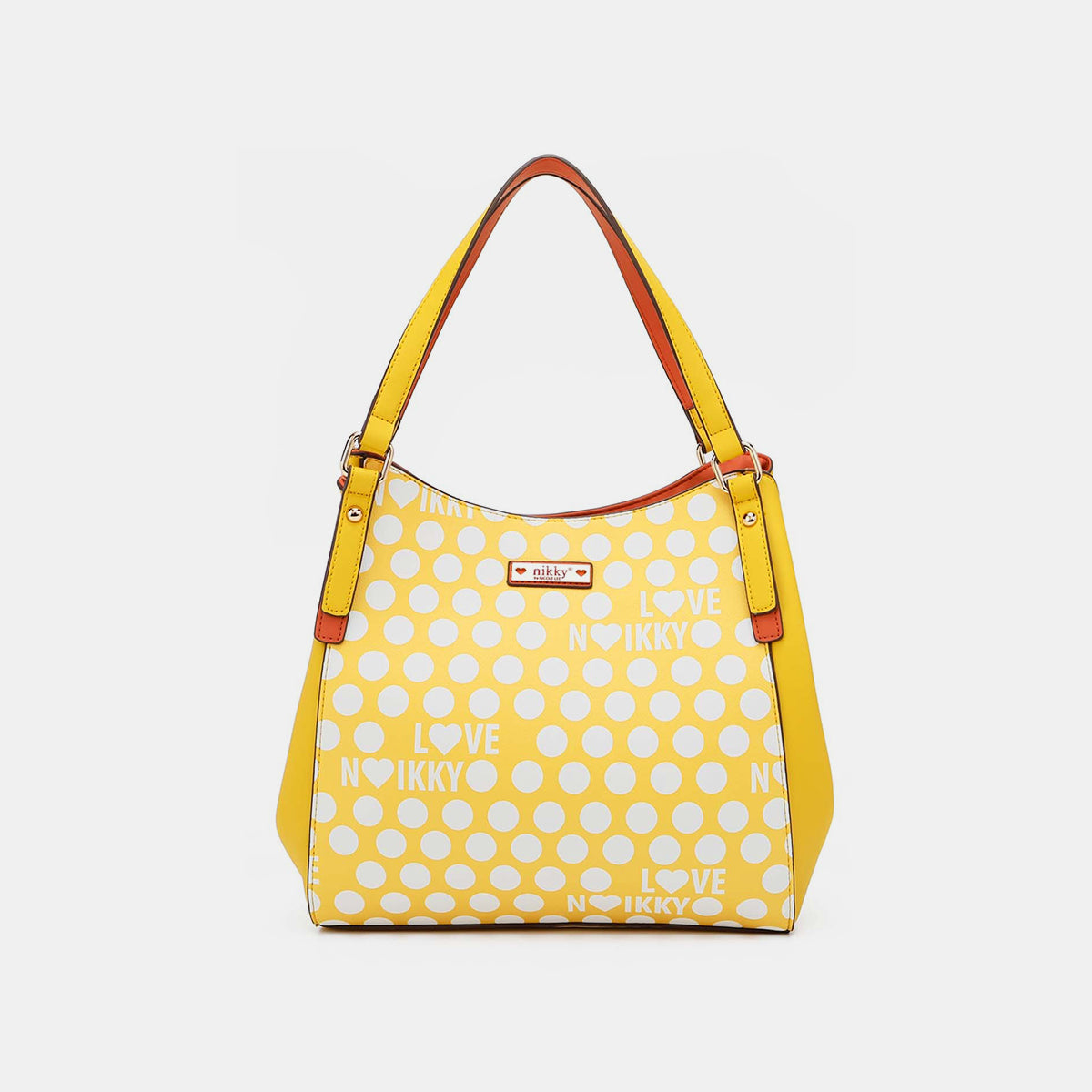 Nicole Lee USA Contrast Polka Dot Handbag made of vegan leather, featuring a green and white polka dot design, an "I LOVE NIKKY" text pattern, and a vibrant orange interior lining.