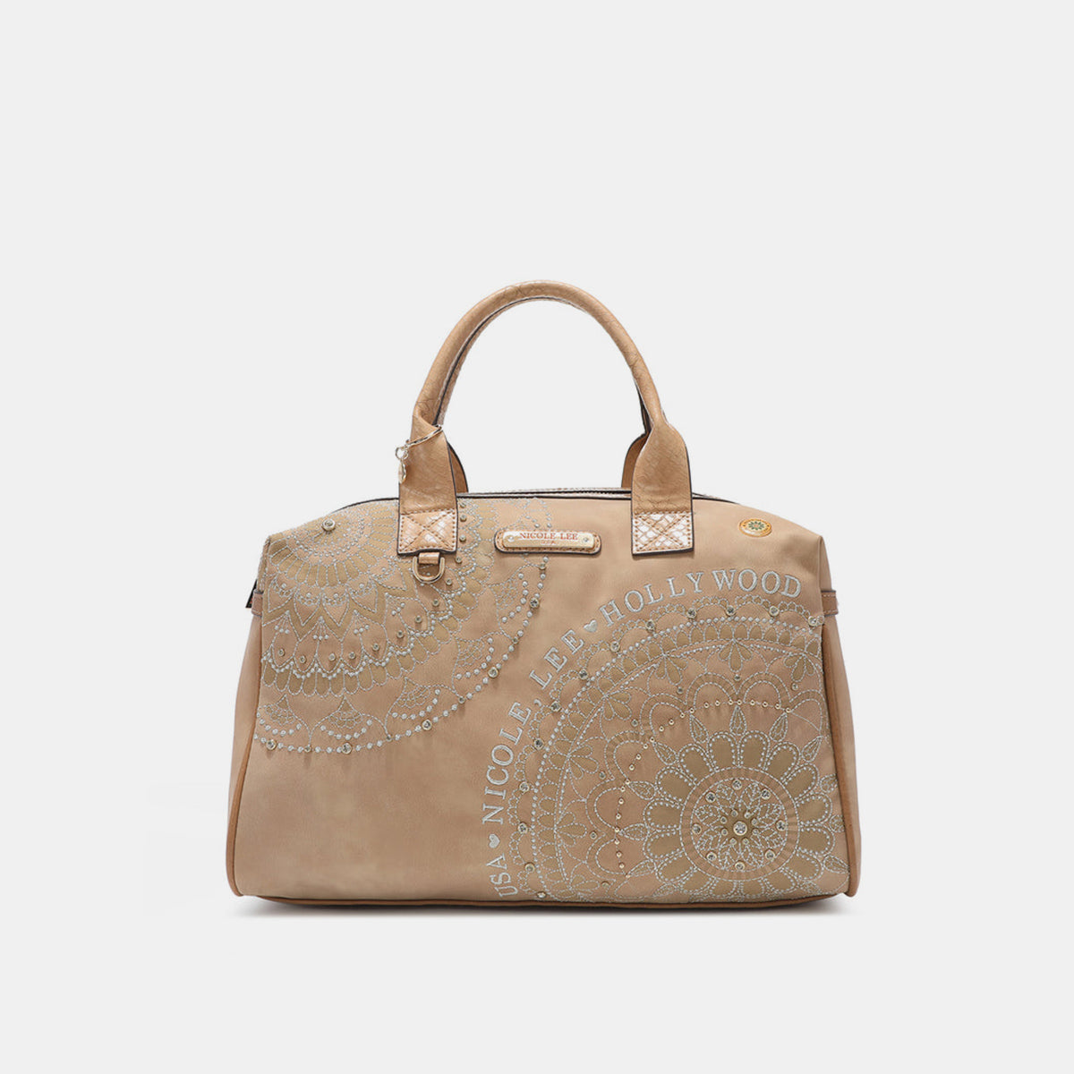 A beige Nicole Lee USA rhinestone Decor Boston Bag with short handles and a rounded top, featuring intricate floral patterns and the text "Nicole Lee Hollywood USA" in white, crafted from vegan leather.