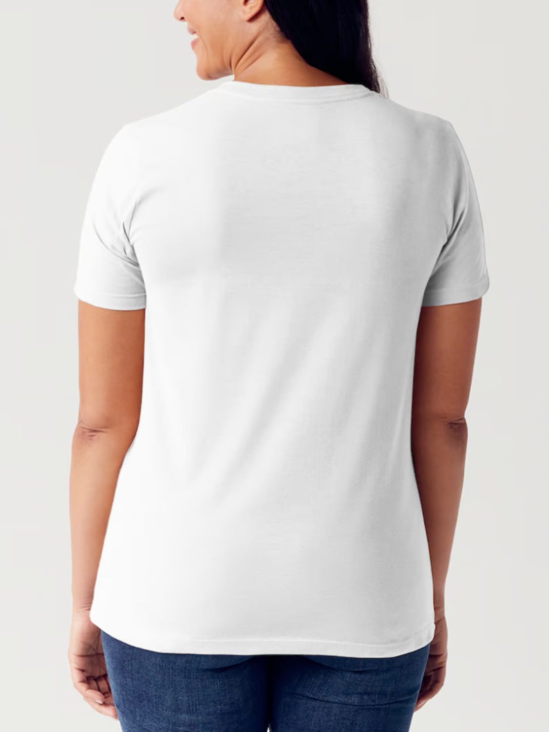 Person standing against a plain background, wearing the Simply Love Full Size VERY CLASSY VERY THOUGHTFUL Letter Graphic Short Sleeve Tubular T-Shirt made from white ringspun combed cotton.