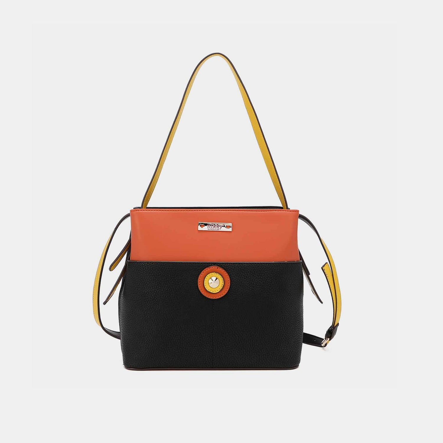 A Nicole Lee USA Contrast Leather Shoulder Bag in black and orange with yellow trim, featuring an adjustable shoulder strap, a circular logo on the front, and a small metal plaque near the top.