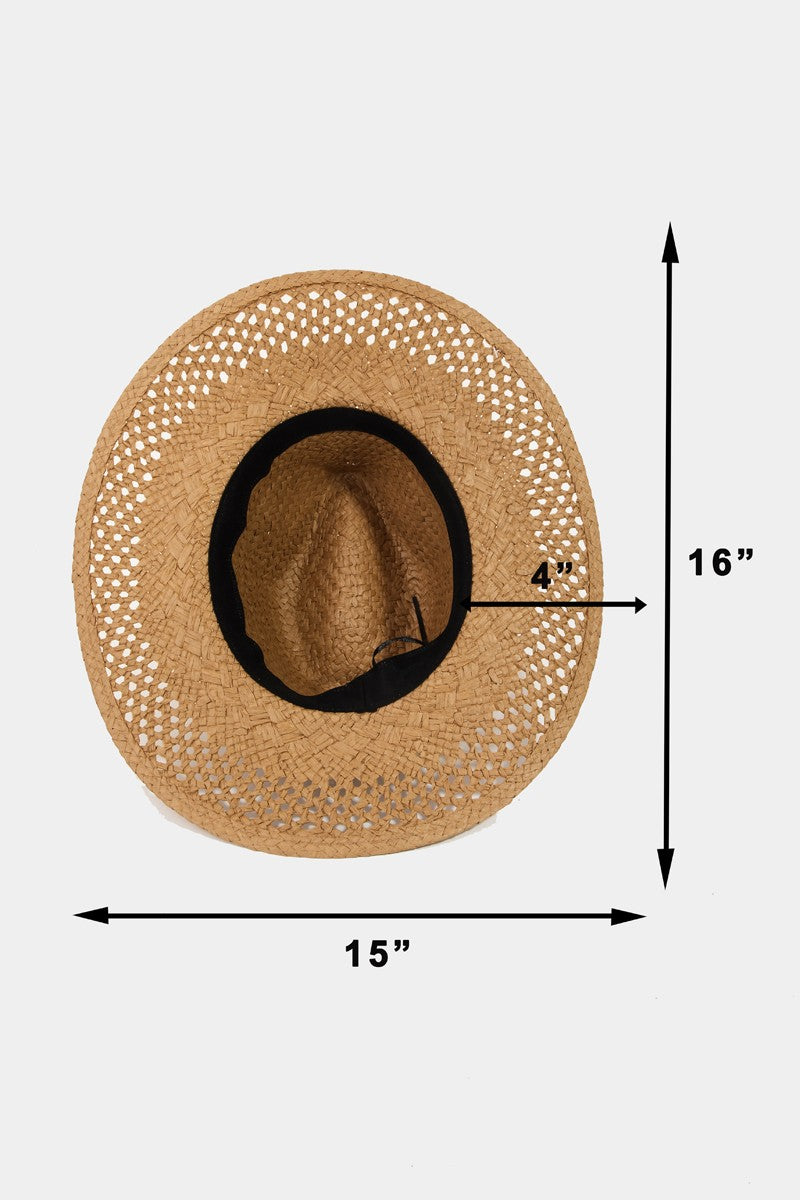 The Fame Basket Weave Straw Sun Hat, featuring a black band and ideal as a fashion accessory, is showcased on a clear stand against a white background.