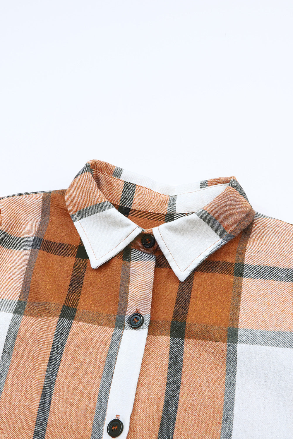 A woman wearing a Khaki Plaid Pattern Collared Neck Ruffled Sleeve Shirt Dress.