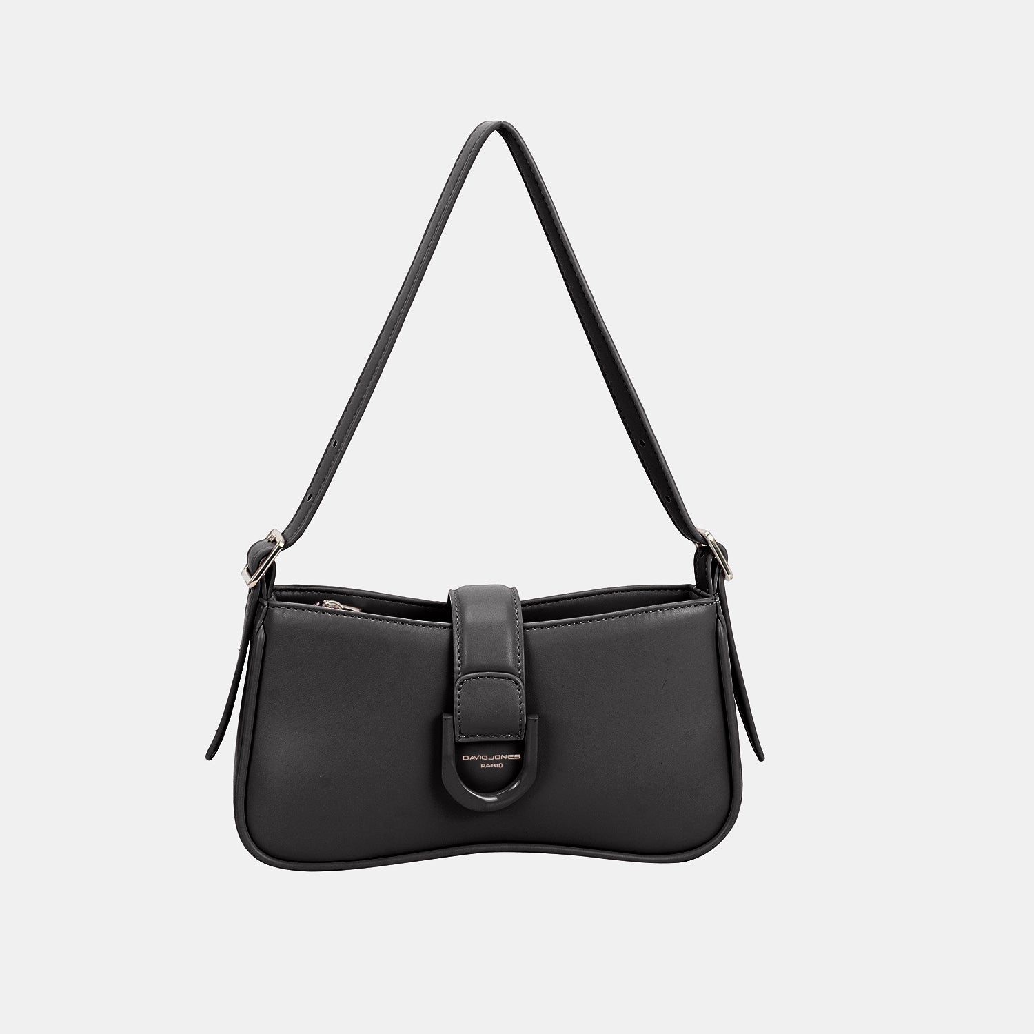 The David Jones PU Leather Shoulder Bag is a versatile accessory that features a beige curved design with a thin strap and central buckle detail.