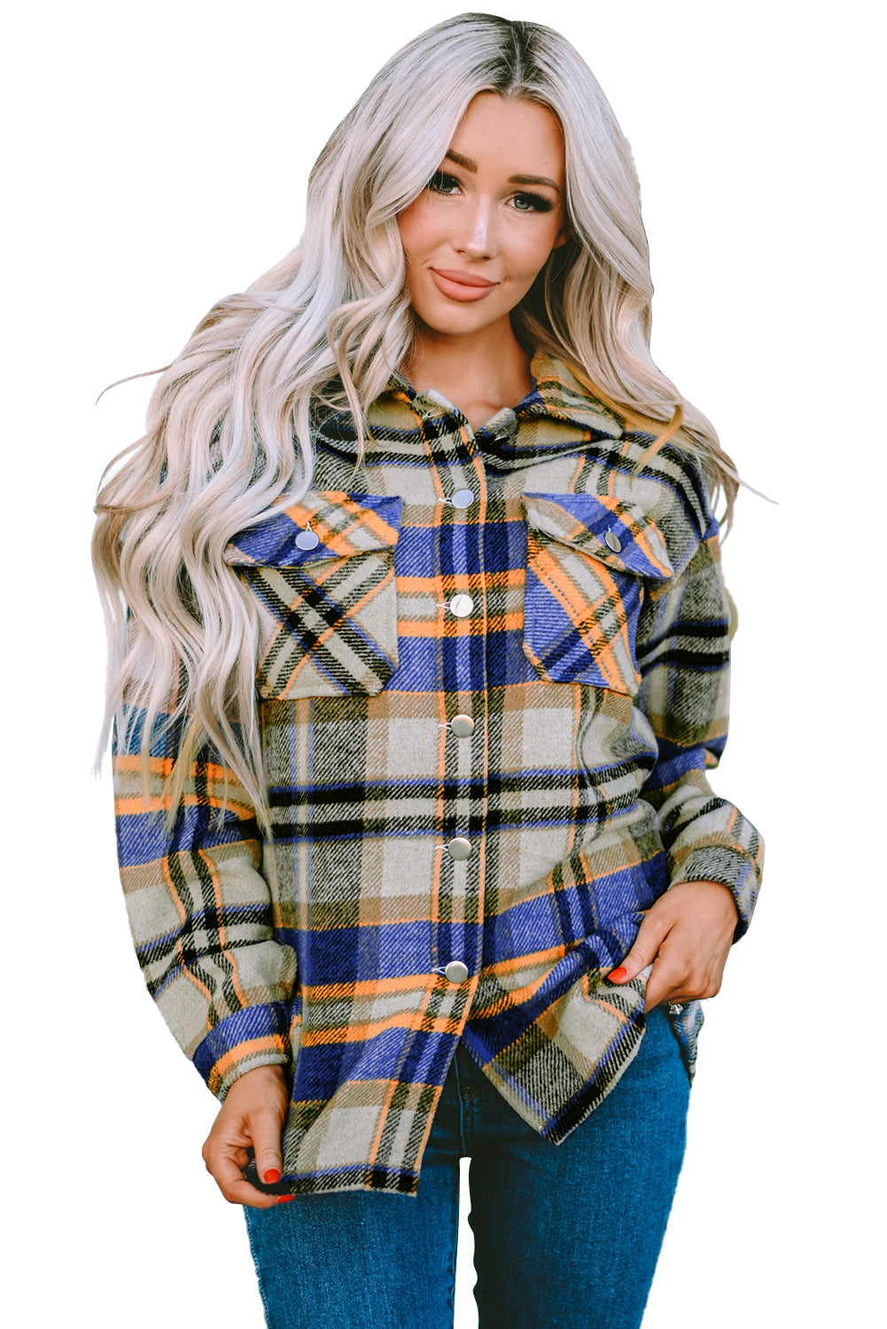 A person wearing a Brown Plaid Button Up Long Sleeve Flannel Shacket layered over a white top with ripped jeans and holding a brown handbag stands against a textured gray wall.