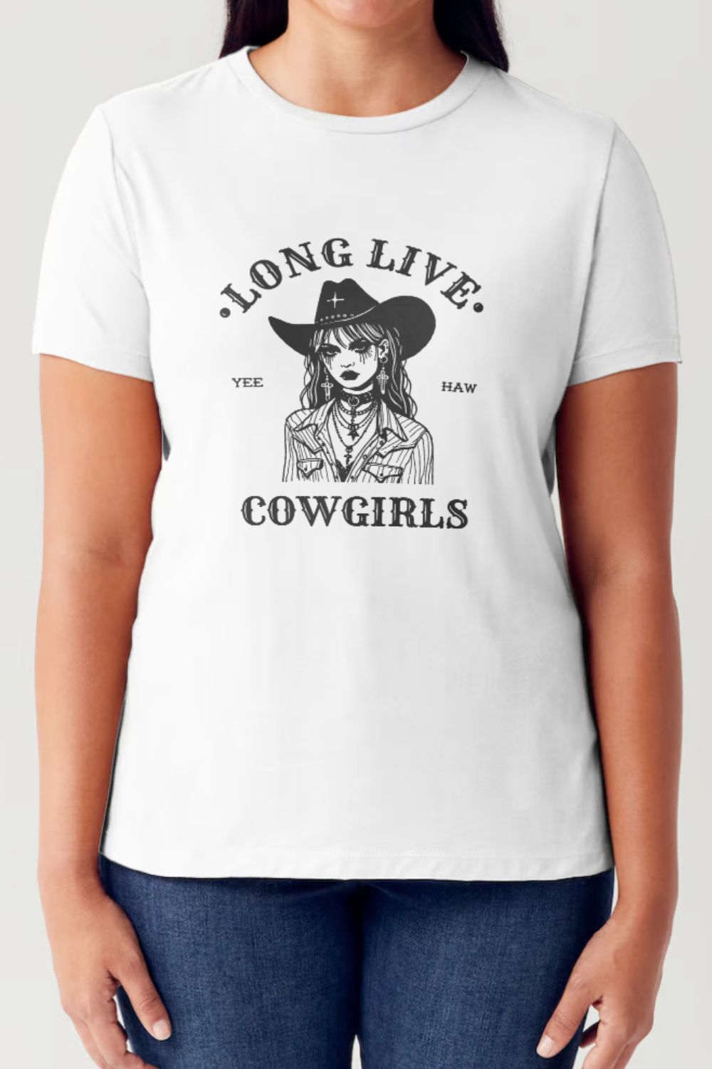 A person is wearing the Simply Love Full Size LONG LIVE COWGIRLS Short Sleeve Tubular T-Shirt, featuring a black illustration of a woman in a cowboy hat and the text "Long Live Cowgirls Yee Haw," showcasing iconic western style in comfortable fabric.