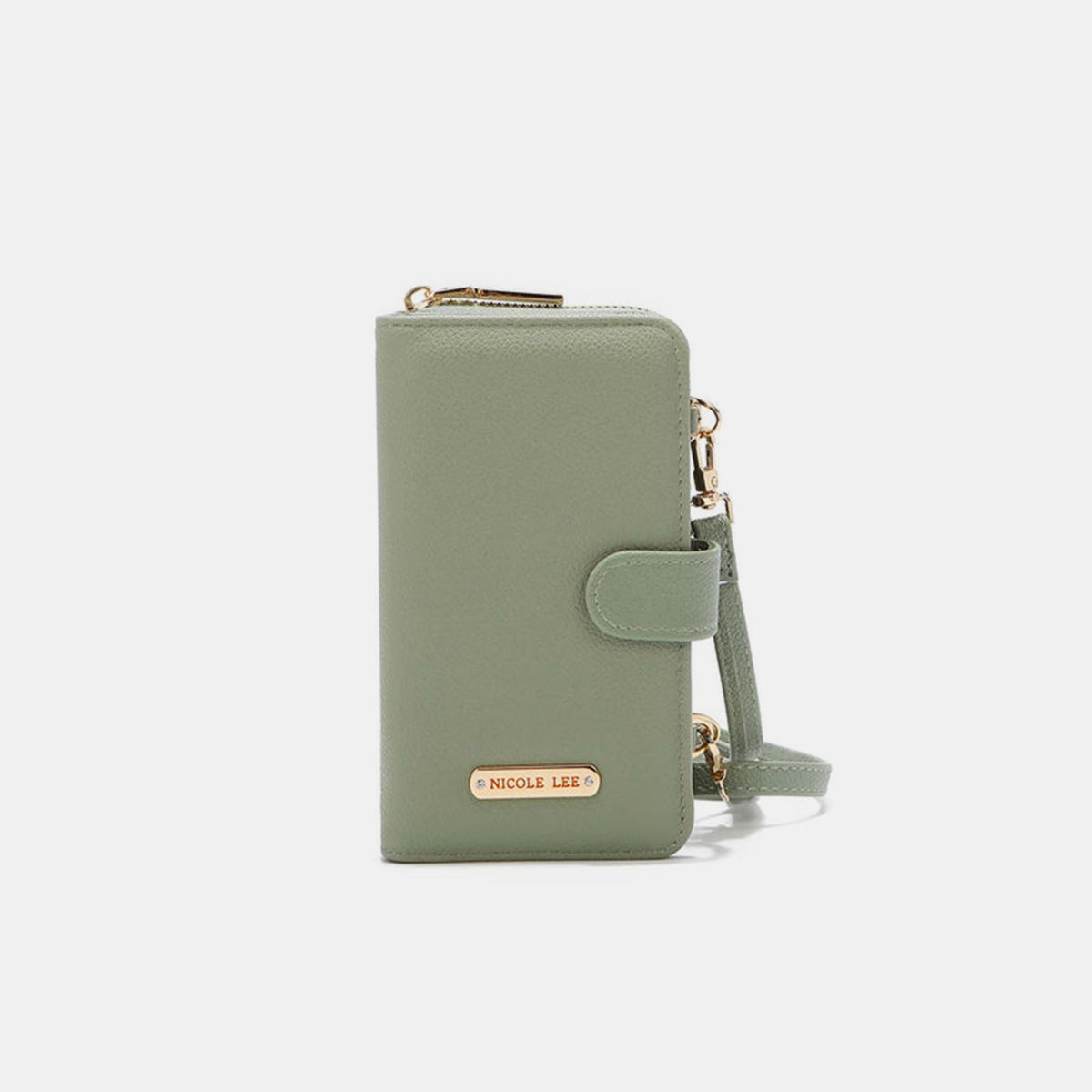 A yellow Nicole Lee USA 2 Piece Phone Case Crossbody Wallet, crafted from vegan leather, with a detachable strap and a snap button closure, displayed against a white background.