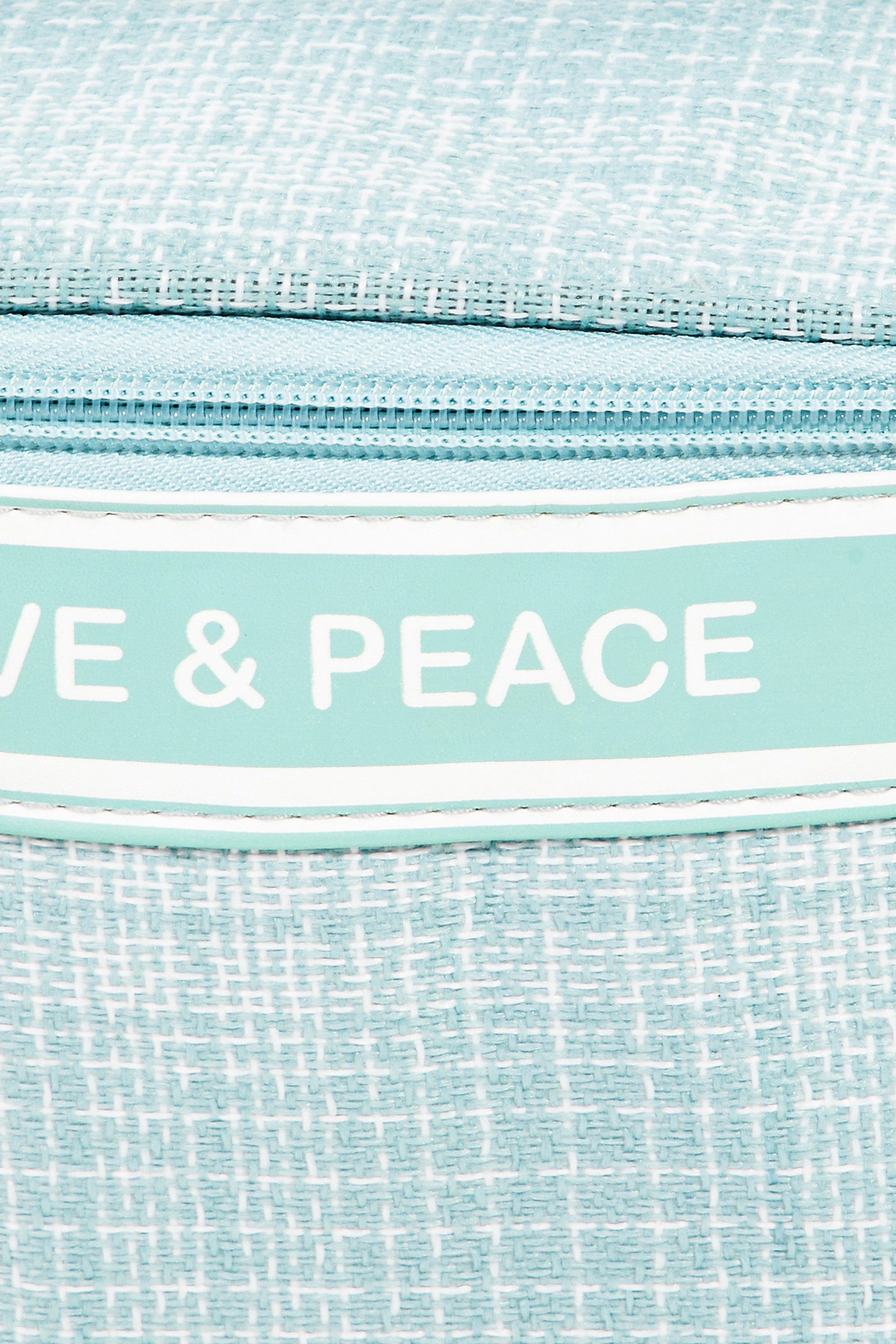 Introducing the Fame Love & Peace Striped Handle Bag: a turquoise toiletry bag with a chic design, adorned with a striped handle and secure zip closure, featuring "Love & Peace" printed on the front.