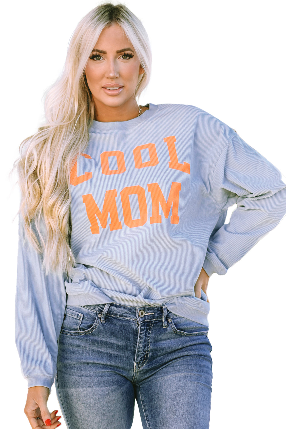 A person with long blonde hair stands facing away, wearing a Gray Cool Mom Graphic Print Cording Sweatshirt and blue jeans.