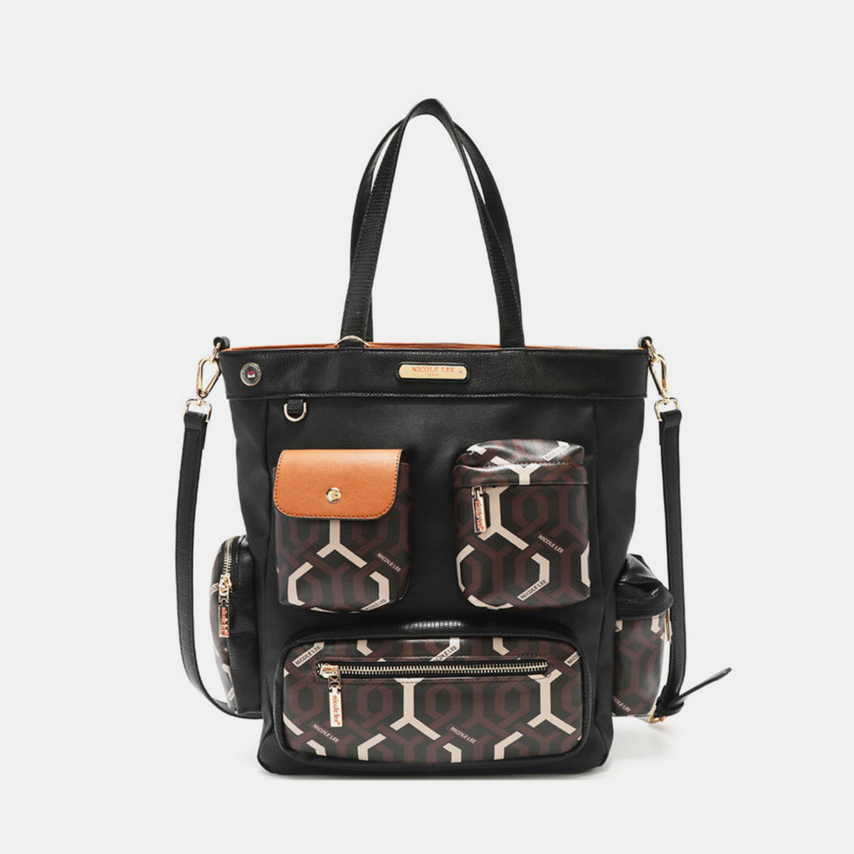 Introducing the Nicole Lee USA Geometric Pattern Tote Bag, a spacious accessory made from vegan leather with a striking black body, adorned with brown and white geometric patterned pockets, complemented by a brown flap pocket and black handles.