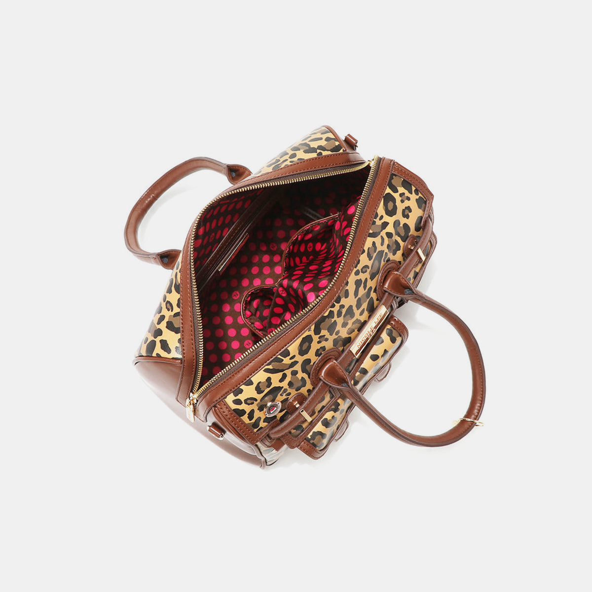 Introducing the Nicole Lee USA Leopard Boston Bag: a stylish vegan leather accessory in chic brown, boasting an eye-catching leopard print design, dual handles, multiple pockets, and adorned with a gold-tone nameplate.