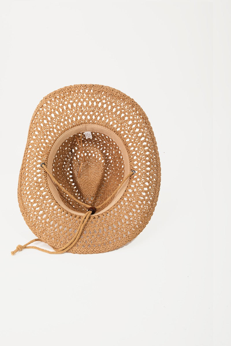 The Fame Rope Strap Straw Braided Hat, a tan woven cowboy hat with a braided rope strap, is displayed on a white mannequin head against a plain background.