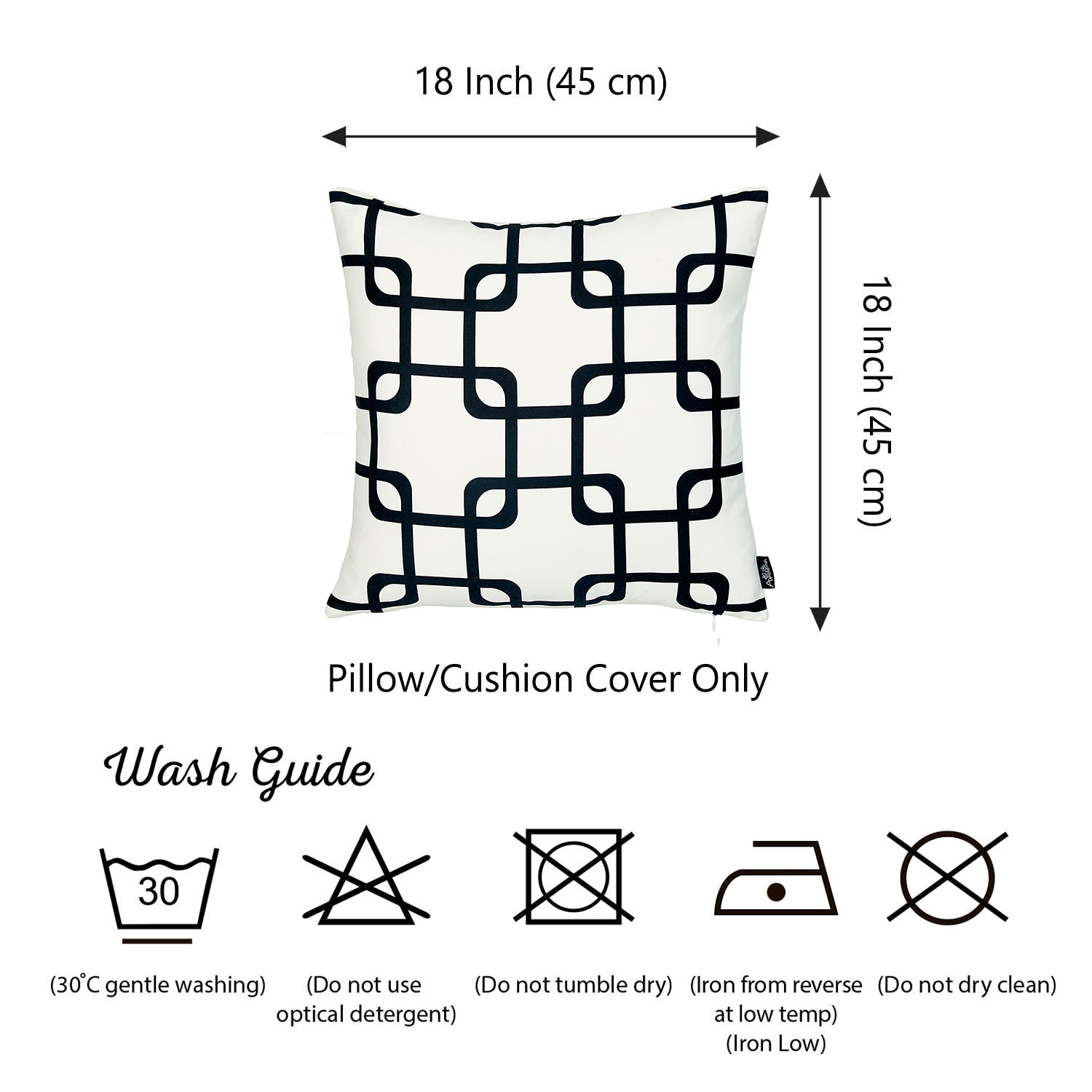 Two Geometric Black Squares 18" throw pillow covers rest on a dark brown couch in a living room setting, offering the convenience of hidden zipper closures for easy maintenance.