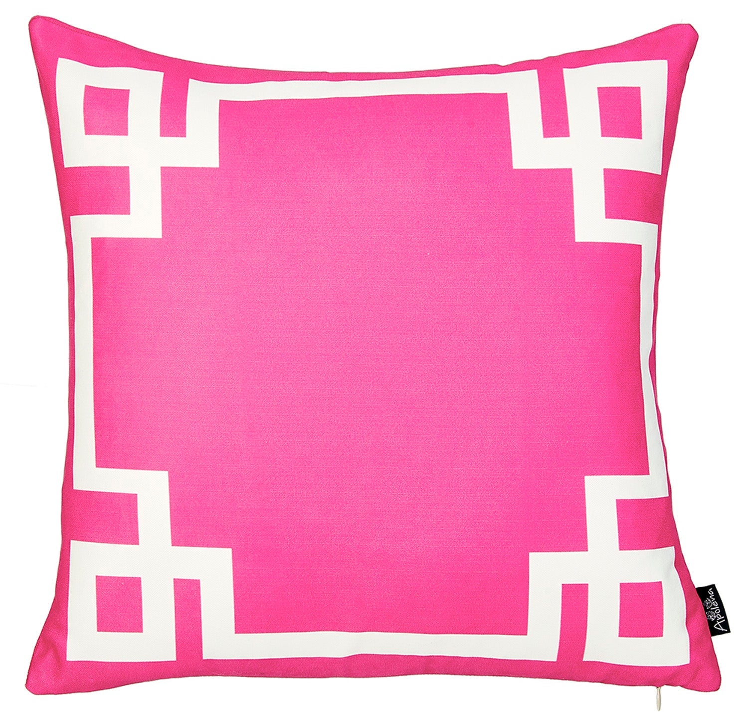 A round black wire chair, adorned with a Geometric Pink&White Square 18" Throw Pillow Cover & Insert, featuring high-quality digital printing, sits indoors on a wooden floor near a plant.