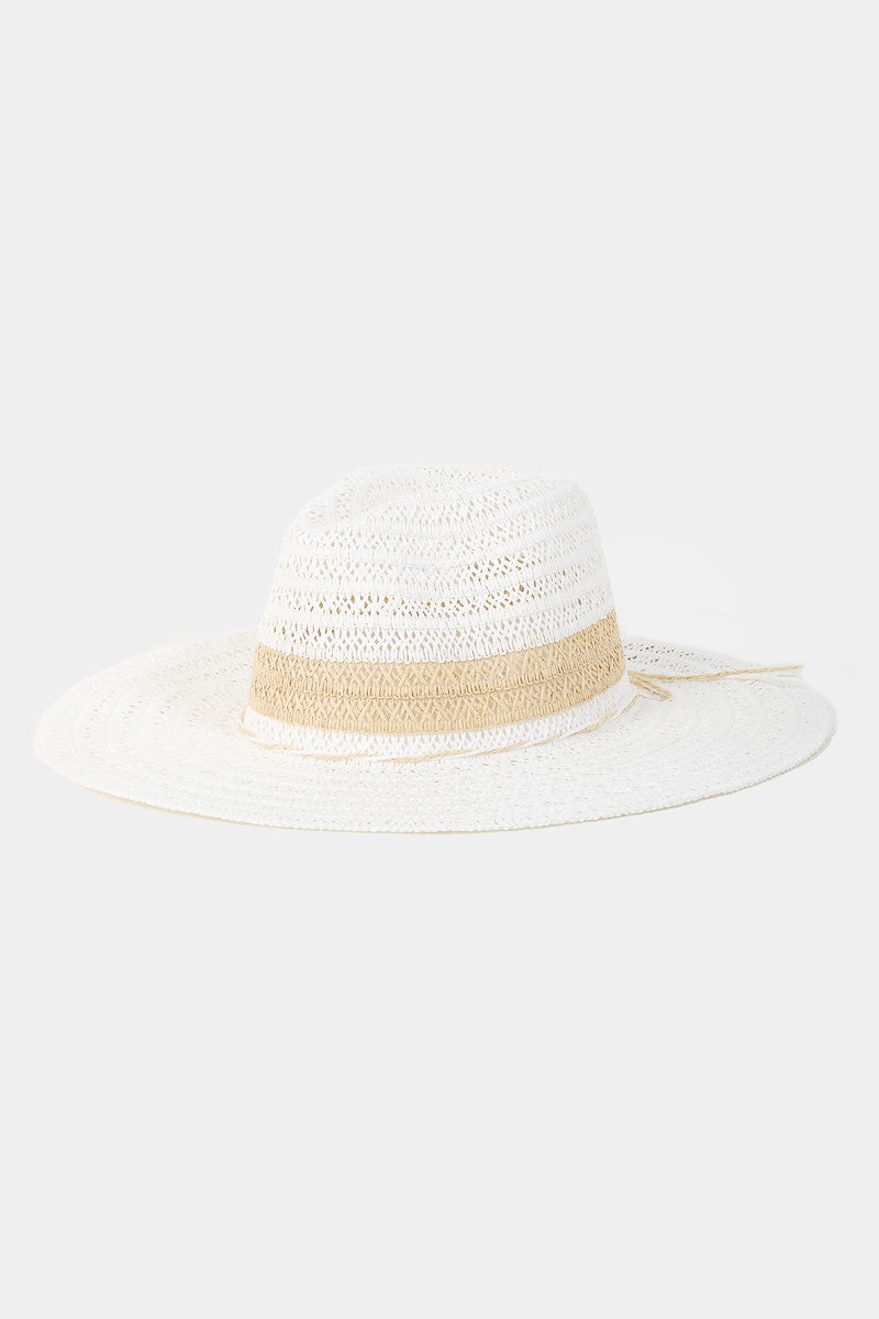 The Fame Contrast Straw Braided Sun Hat is a wide-brimmed hat featuring alternating bands of light and dark brown.