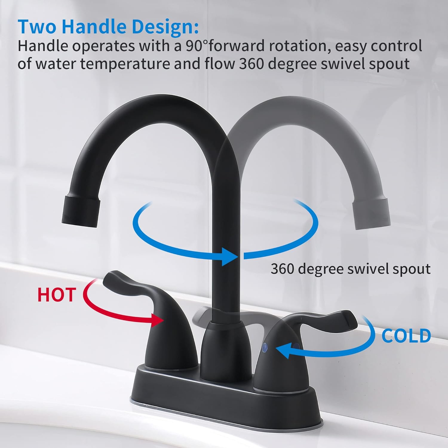 2 Handle Black Bathroom Sink Faucet - 4 Inch Centerset Faucet Bathroom 2 or 3 Hole Lavatory Faucet Bathroom Vanity Sink Faucets with Pop-up Drain and Supply Lines Matte Black installed on a white sink.