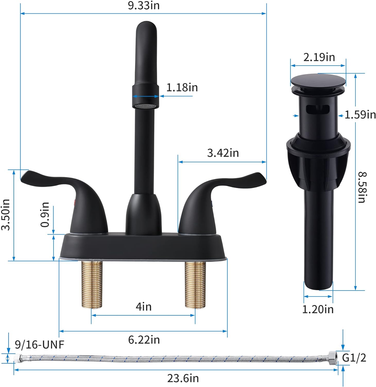 2 Handle Black Bathroom Sink Faucet - 4 Inch Centerset Faucet Bathroom 2 or 3 Hole Lavatory Faucet Bathroom Vanity Sink Faucets with Pop-up Drain and Supply Lines Matte Black installed on a white sink.