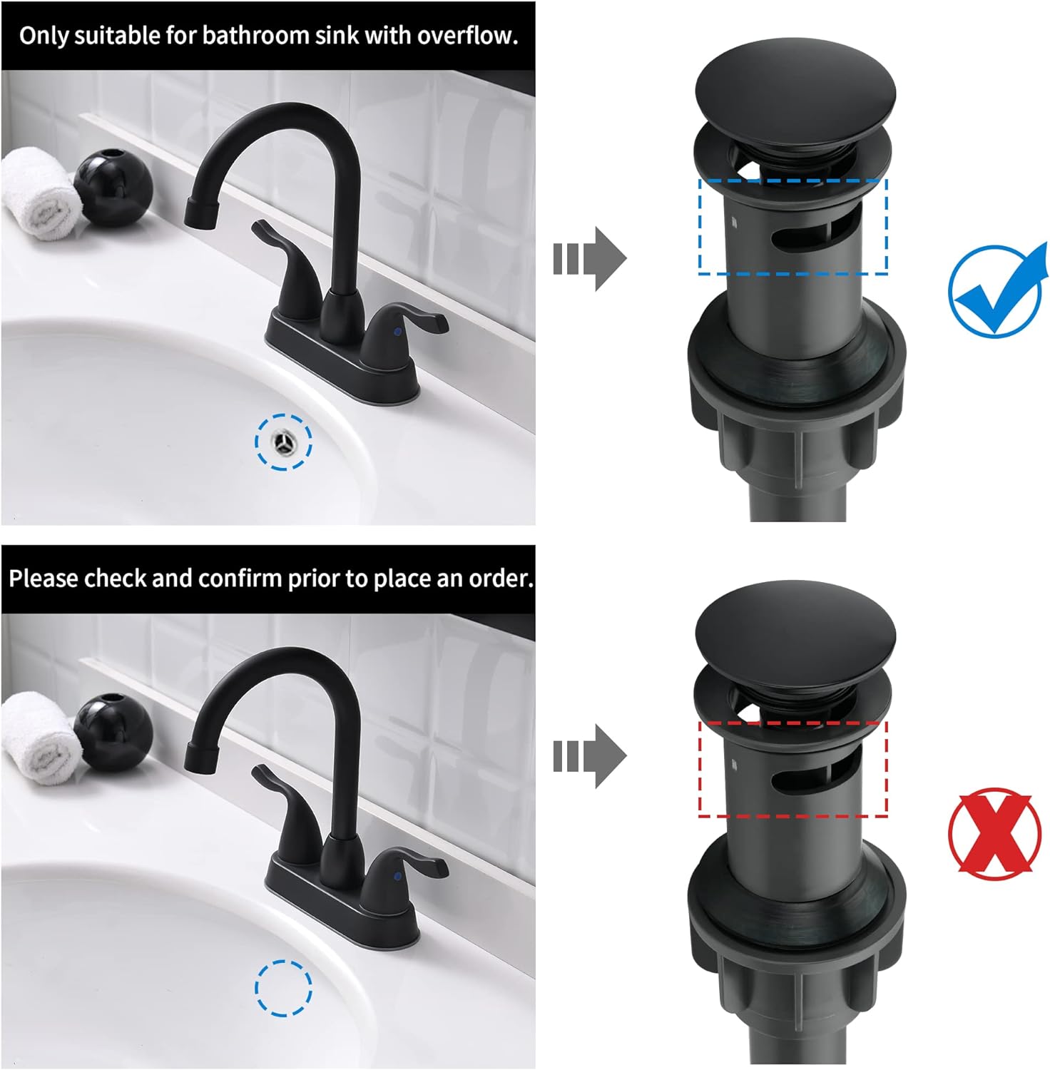2 Handle Black Bathroom Sink Faucet - 4 Inch Centerset Faucet Bathroom 2 or 3 Hole Lavatory Faucet Bathroom Vanity Sink Faucets with Pop-up Drain and Supply Lines Matte Black installed on a white sink.