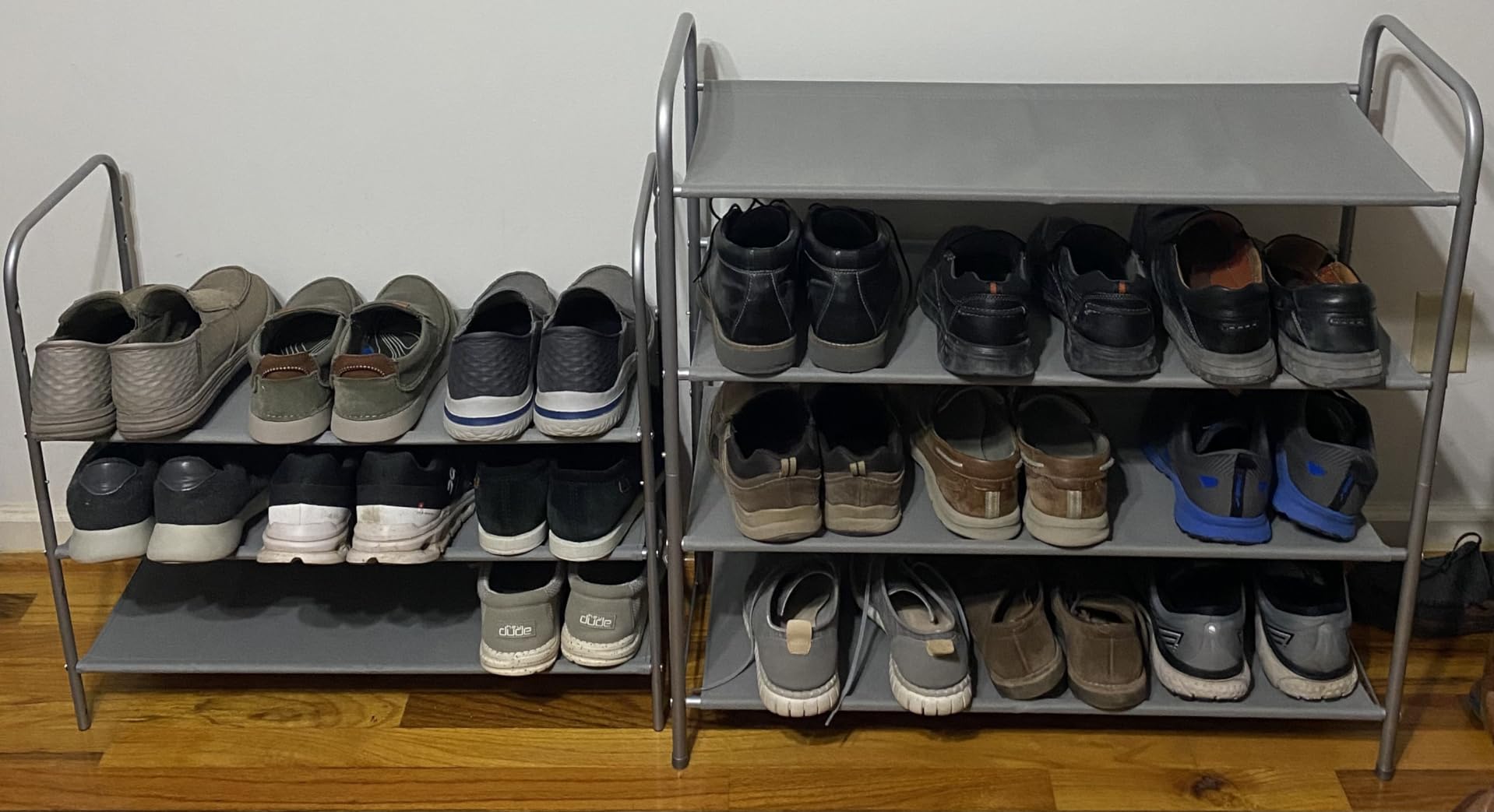 A modern Simple Houseware 4-Tier Shoe Rack Storage Organizer 20-Pair, Grey made of metal with gray fabric shelves.