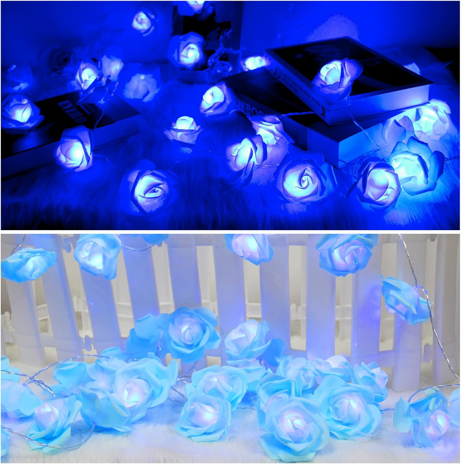 The Blue Rose Flower String Lights - 14.7ft 30 LED Fairy Lights Flower Garland Lights are elegantly draped over a stack of books and a framed photo, creating a romantic, glowing decor for any occasion, whether it's indoors or outdoors.