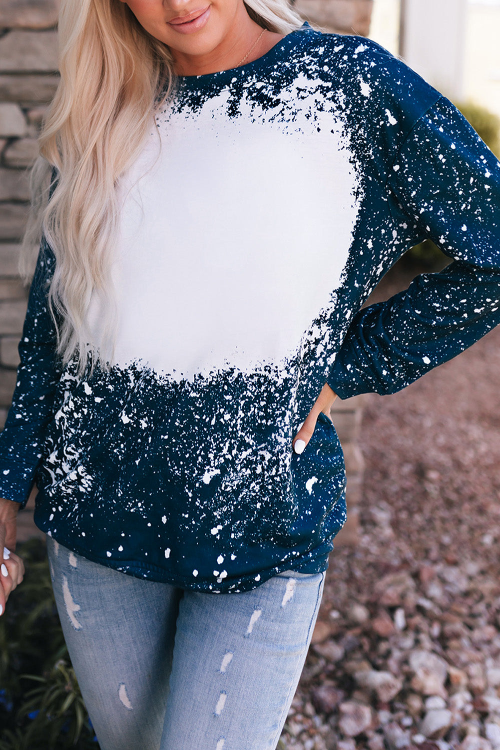 Navy Tie-dyed Crew Neck Pullover Sweatshirt