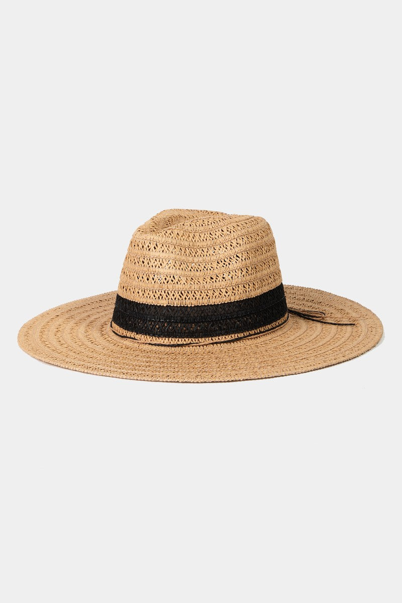 The Fame Contrast Straw Braided Sun Hat is a wide-brimmed hat featuring alternating bands of light and dark brown.