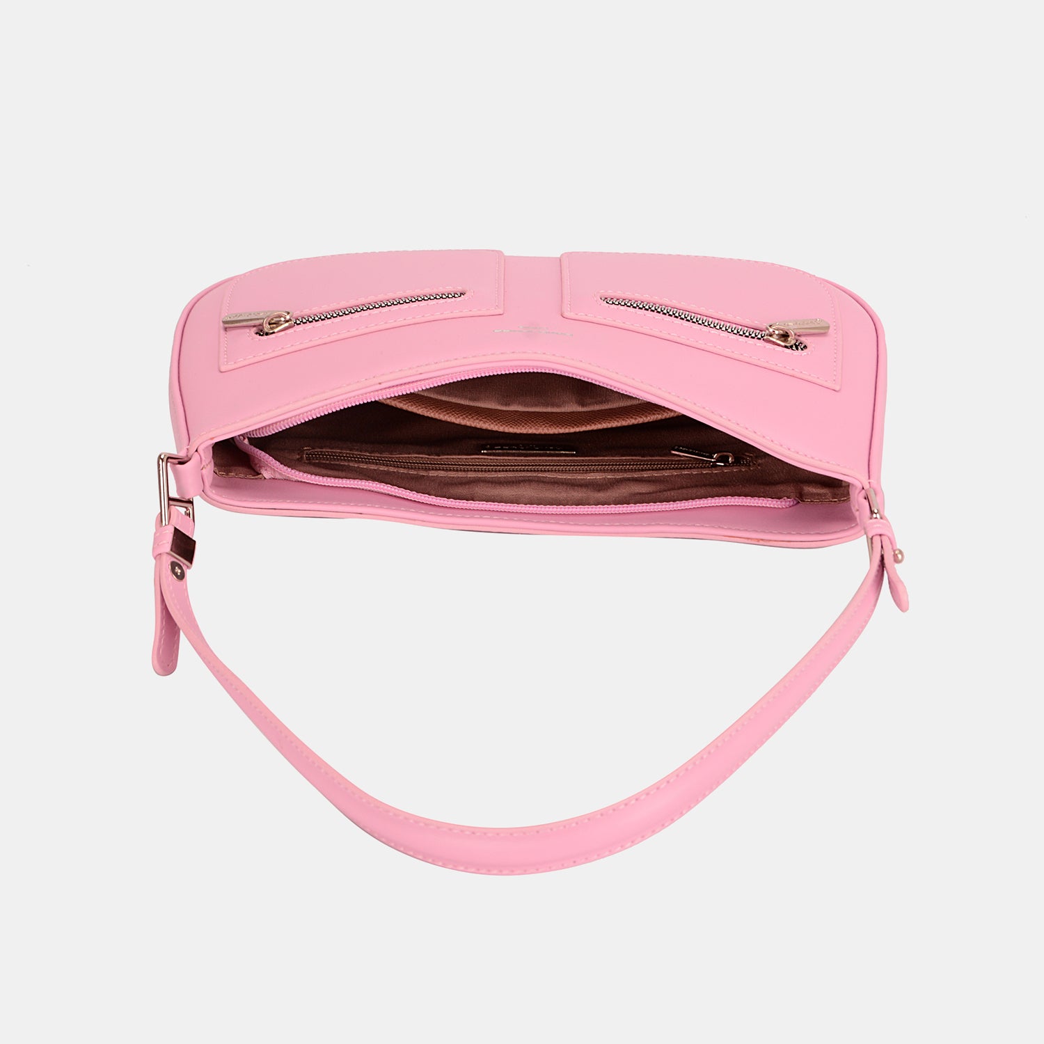 The David Jones Front Double Zip Design PU Leather Shoulder Bag is a chic and practical pink accessory, showcasing elegant gold-tone hardware and crafted from PU leather, all presented against a white backdrop.