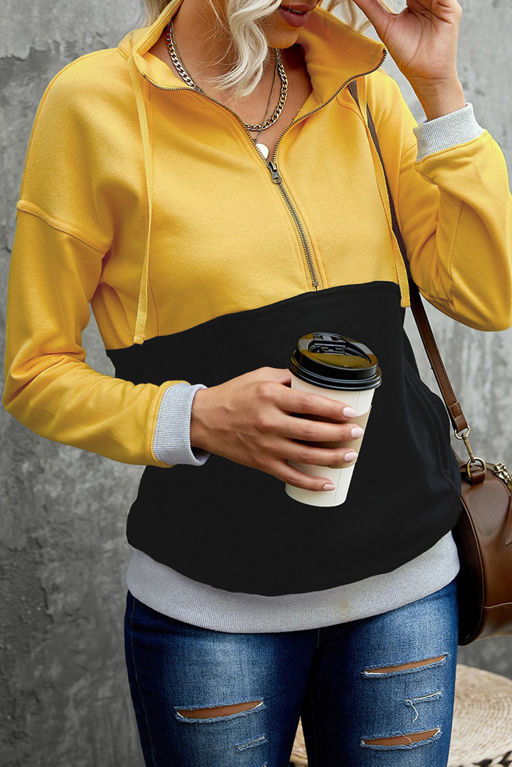 Black Zipped Colorblock Sweatshirt with Pockets