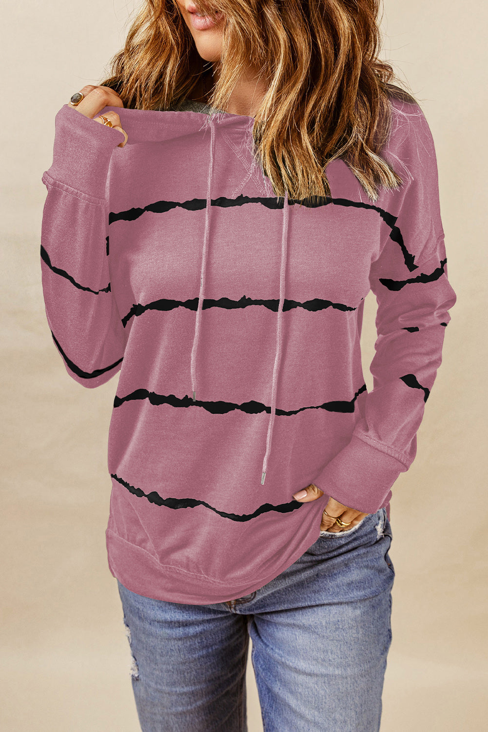 Pink Tie-dye Striped Drawstring Hoodie with Side Split Tops