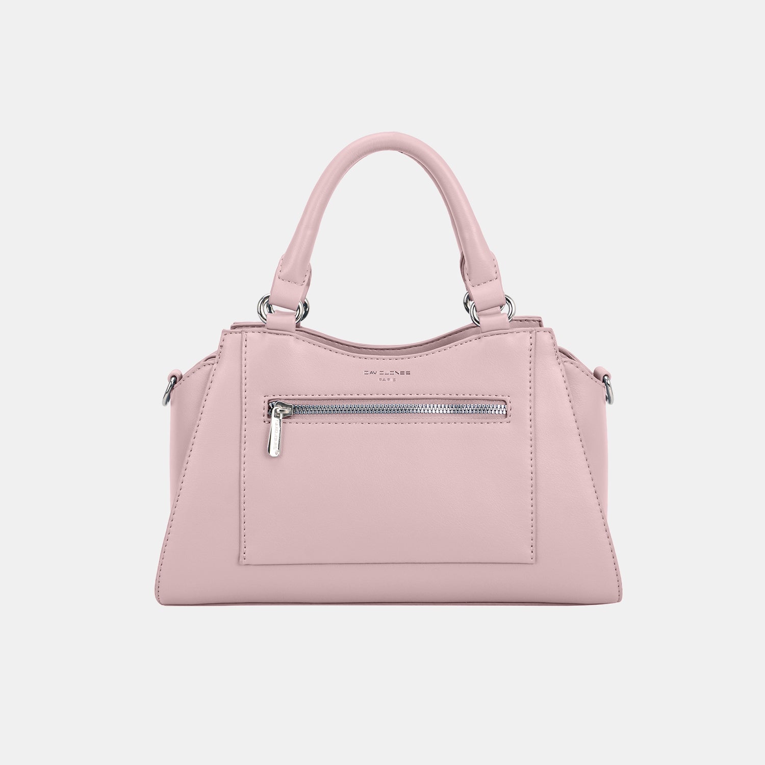 The David Jones PU Leather Handbag in light blue features a top handle and a front zip pocket, making it the perfect stylish accessory to complement any outfit.