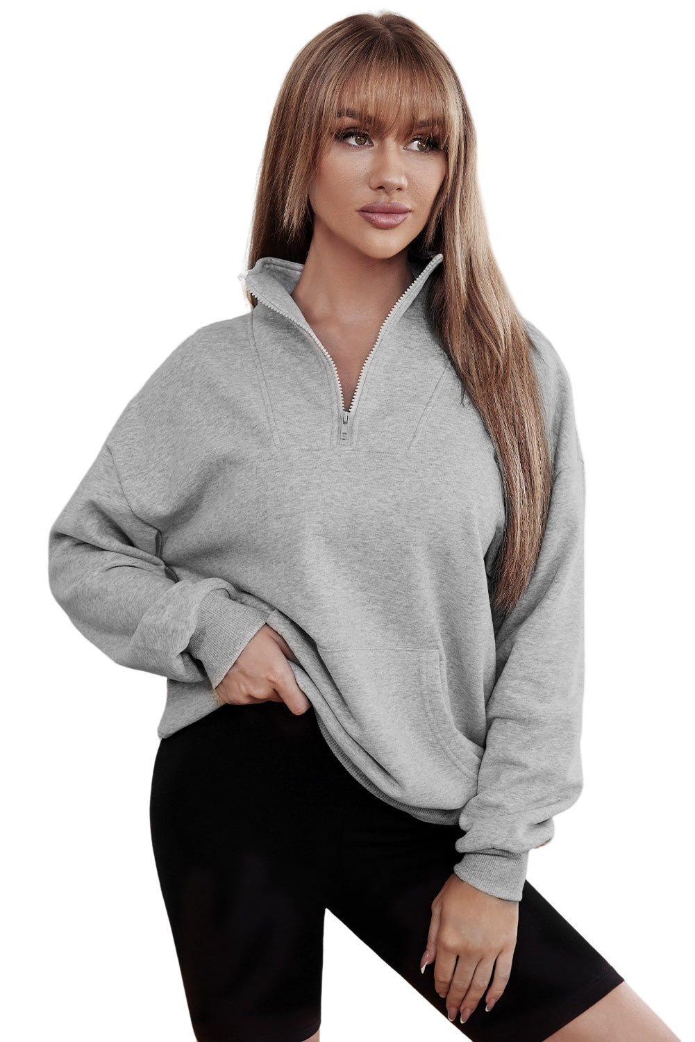 Gray Zipped Funnel Neck Kangaroo Pocket Sweatshirt