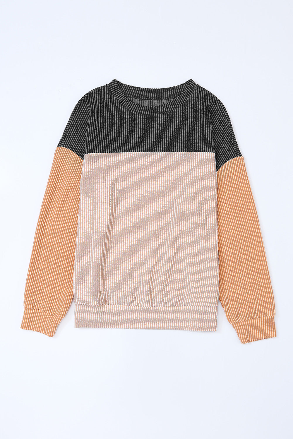 Wholesale Black Color Block Corduroy Long Sleeve Tops.