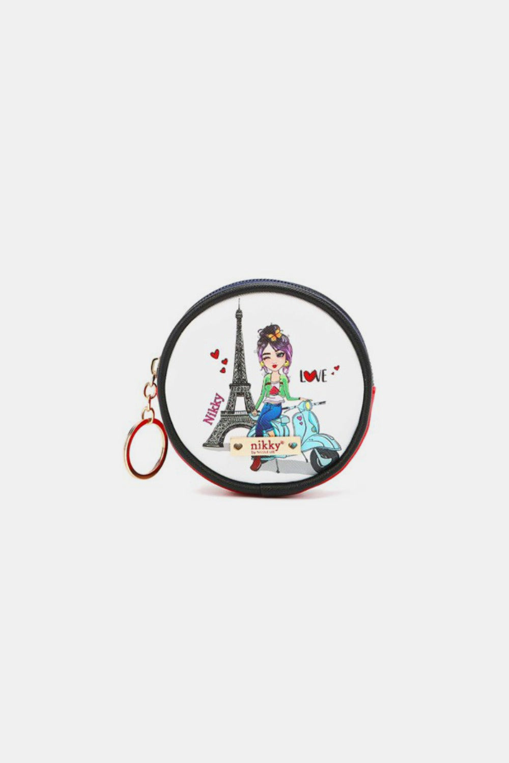 The Nicole Lee USA Keychain Round Coin Purse features a vibrant cartoon graphic on the front with three animated characters, crafted from eco-leather material. This stylish and functional accessory includes a zipper closure and a keyring attachment, making it perfect as a keychain round coin purse.