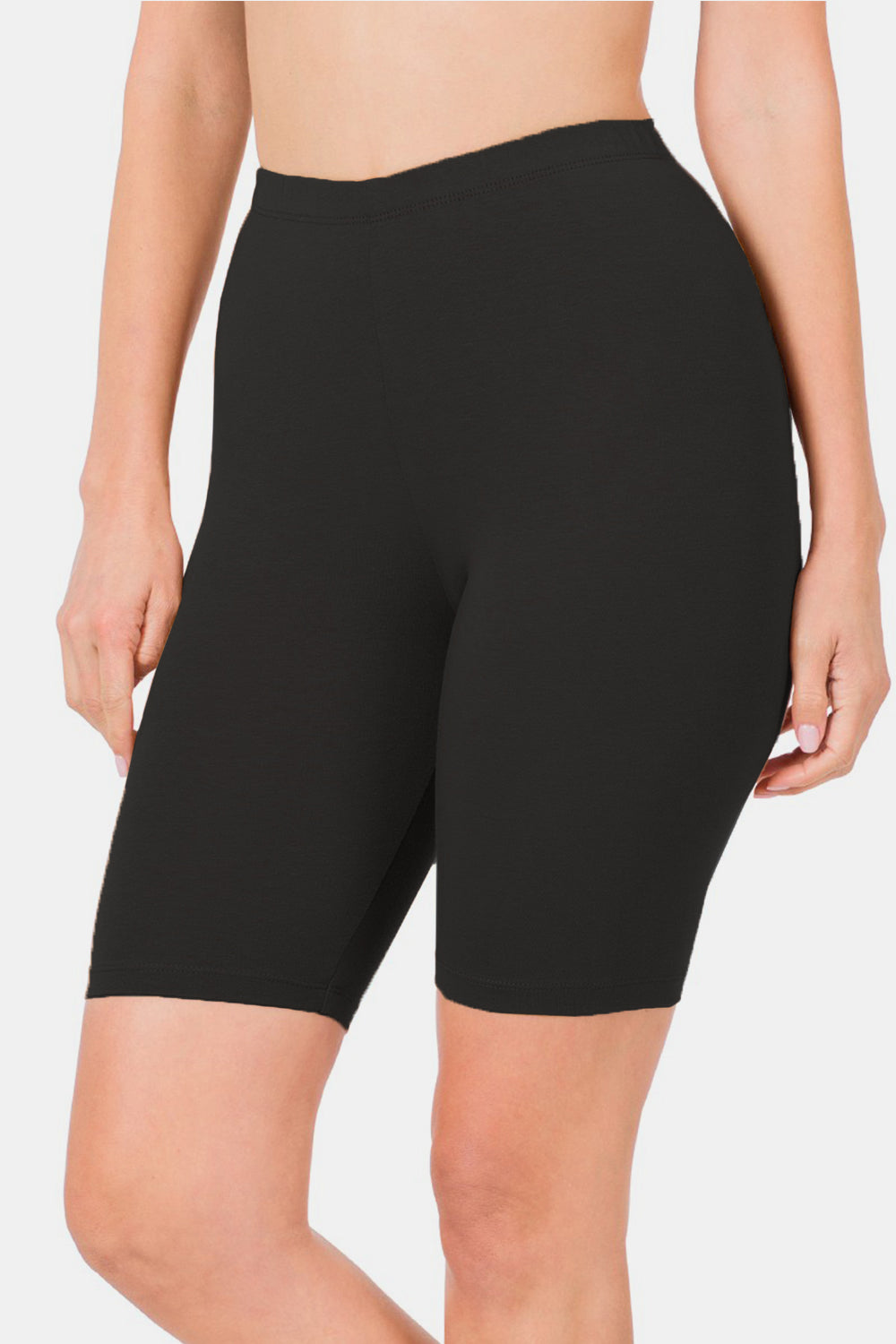 A person modeling the fashionable Zenana High Waist Biker Shorts in sleek black against a plain white background. The activewear shorts extend to mid-thigh, showcasing the upper legs and a small section of the torso.