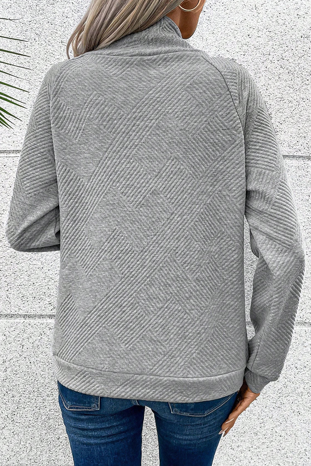 Gray Asymmetric Buttons Detail High Neck Textured Sweatshirt