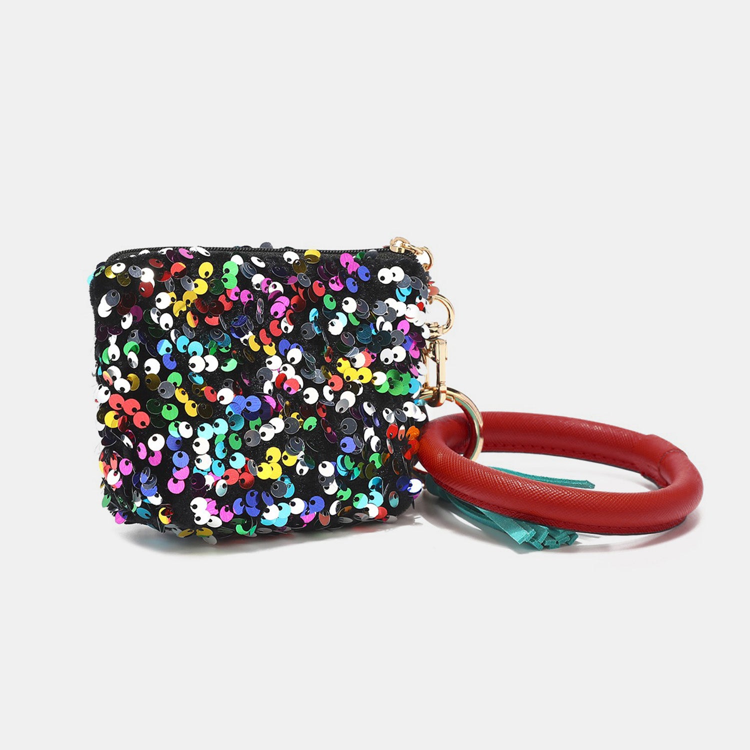 The Nicole Lee USA Sequin Pouch Wristlet Keychain features a black sequin coin purse attached to a red, round keychain holder, combining both fashion and functionality.