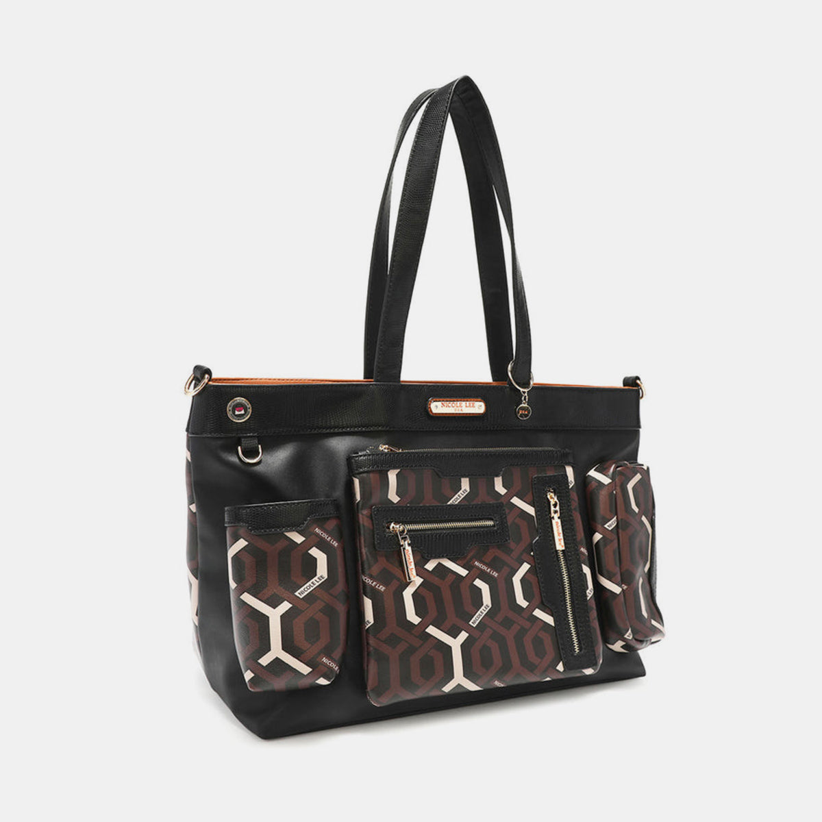 The Nicole Lee USA Geometric Pattern Large Handbag is a stylish women's handbag crafted from black vegan leather, adorned with versatile geometric designs in brown and beige on its front pockets.