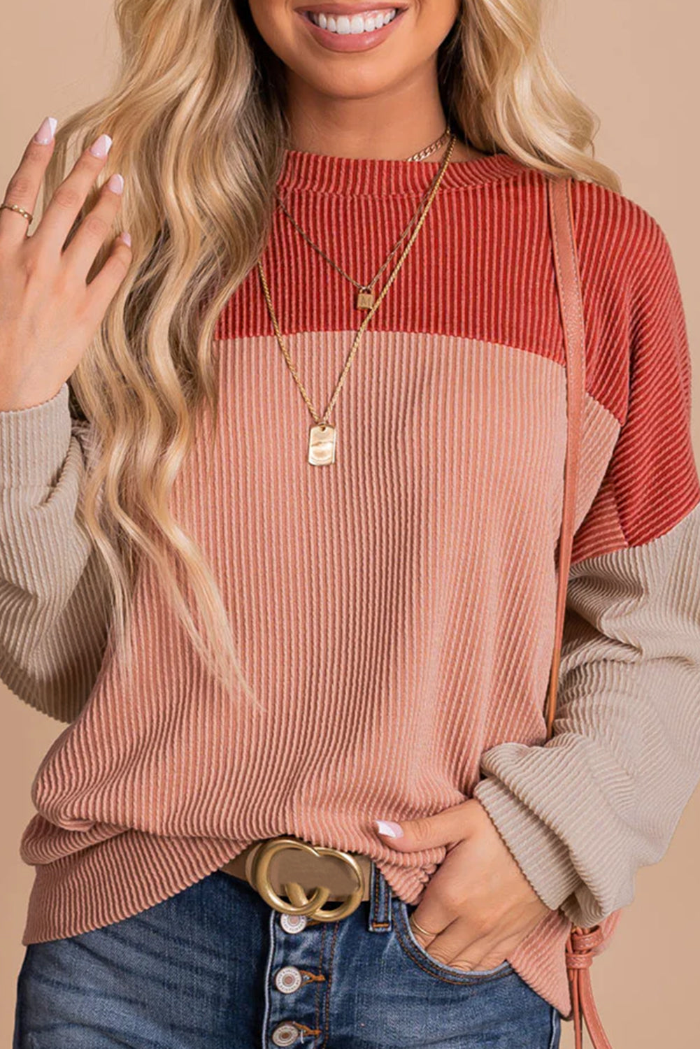 Wholesale Black Color Block Corduroy Long Sleeve Tops.