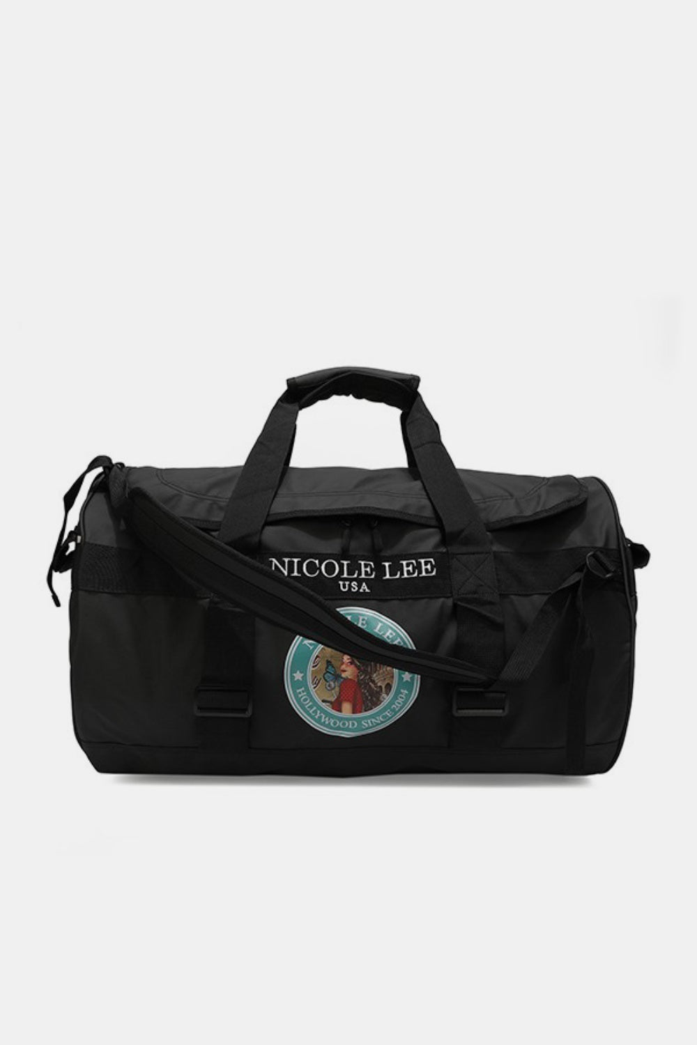 The Nicole Lee USA Large Duffel Bag is a lightweight, green bag with black straps and handles, featuring the "Nicole Lee USA" logo in the center and offering versatile carrying options.