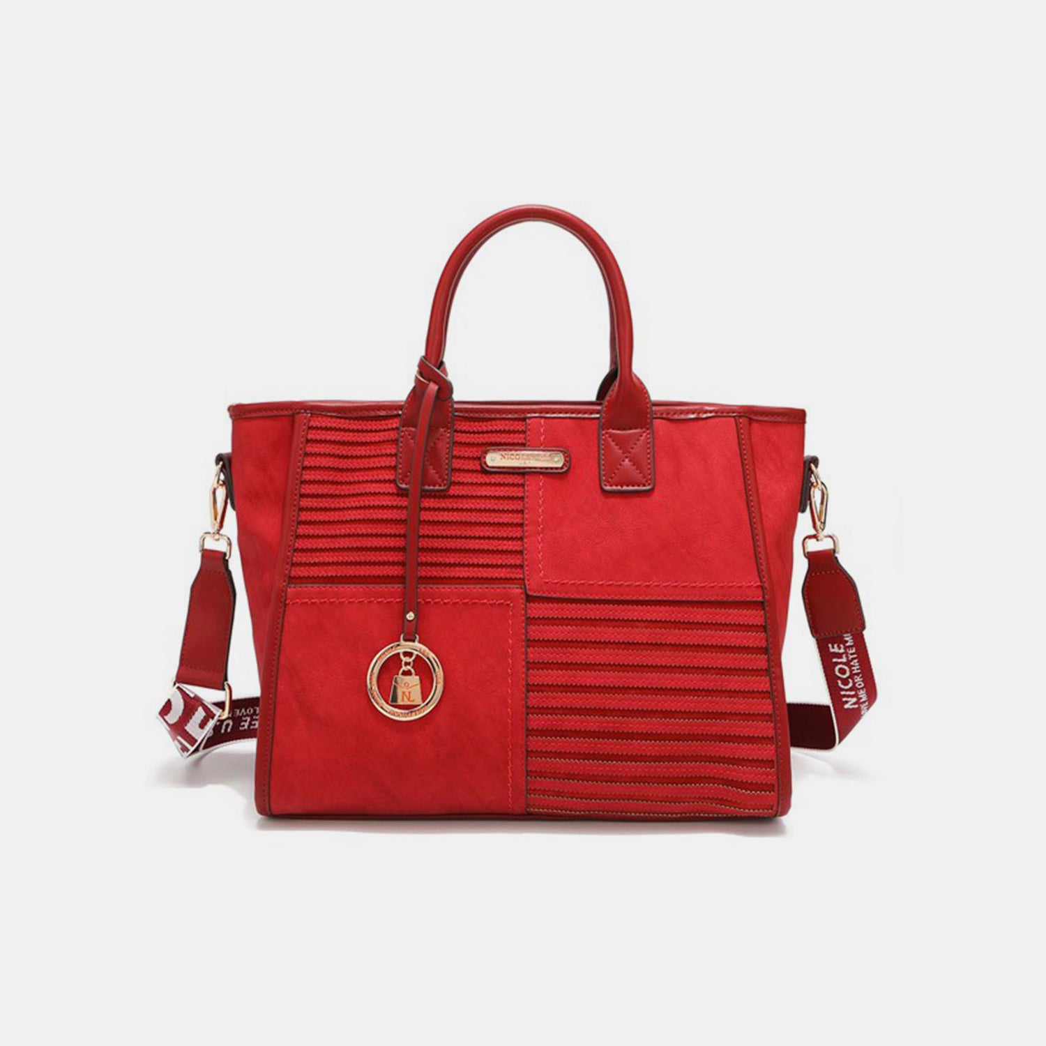 The Nicole Lee USA Scallop Stitched Handbag is crafted from vegan leather in a striking red color, featuring a textured front and elegant gold accents. It includes scallop-stitched details, two handles, and an adjustable shoulder strap for versatile carrying options.