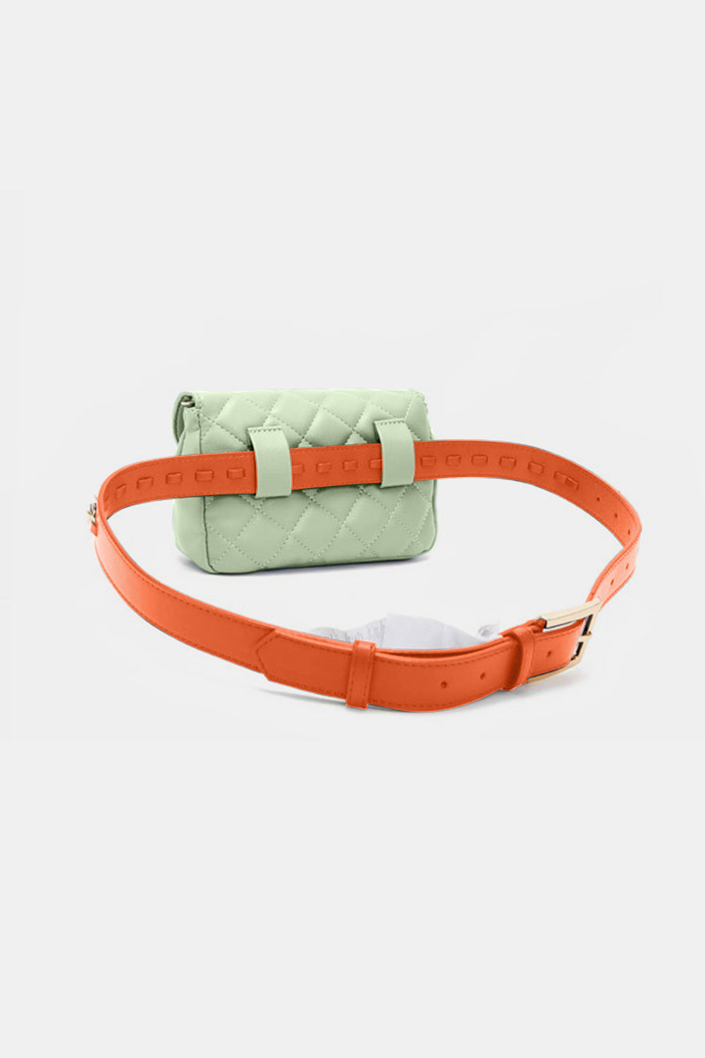 The Nicole Lee USA Quilted Fanny Pack is a light green, quilted crossbody bag crafted from vegan leather. It features gold hardware, including a twist-lock closure and a chain strap interwoven with orange leather accents. The brand name is visible on a gold plate at the front.