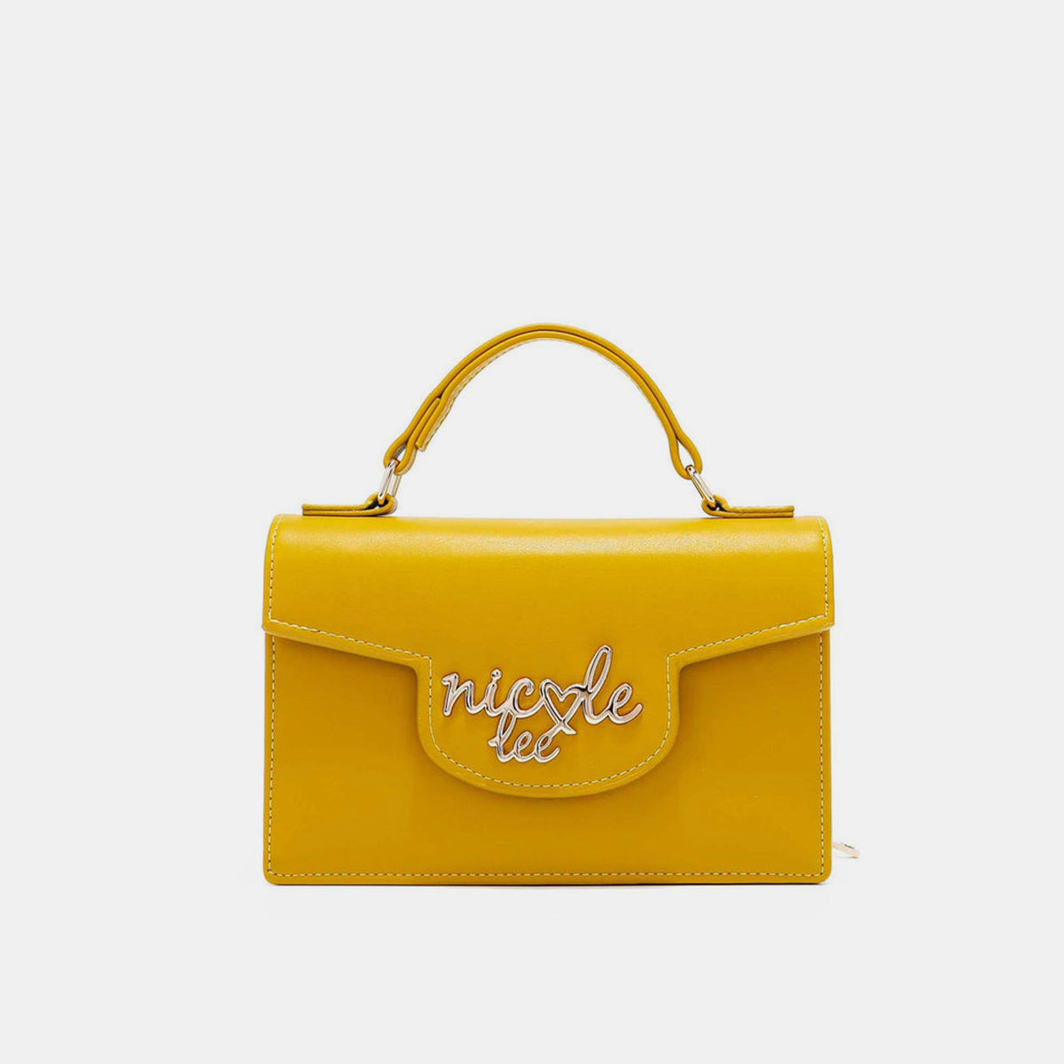 The Nicole Lee USA Small Crossbody Wallet in bright yellow features a handle and flap closure, accented with "nicole lee" in metallic letters on the front. It also includes an adjustable crossbody strap for versatile wear.