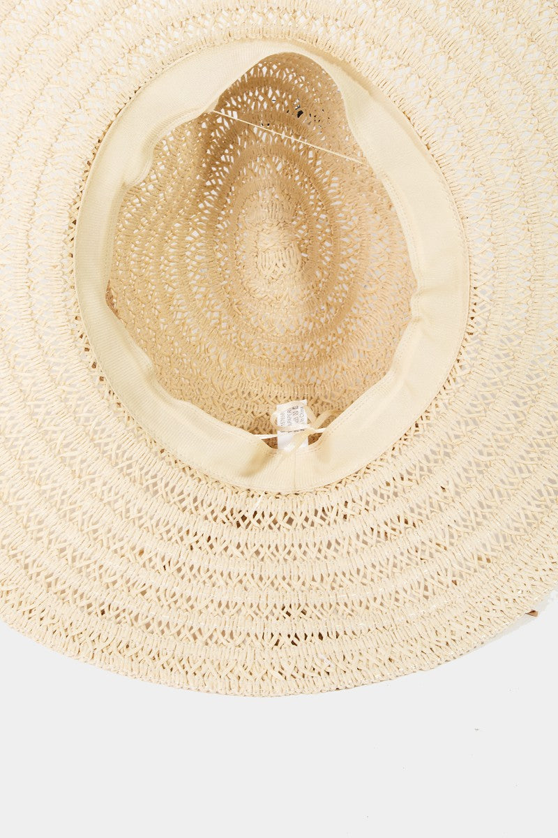 The Fame Contrast Straw Braided Sun Hat is a wide-brimmed hat featuring alternating bands of light and dark brown.