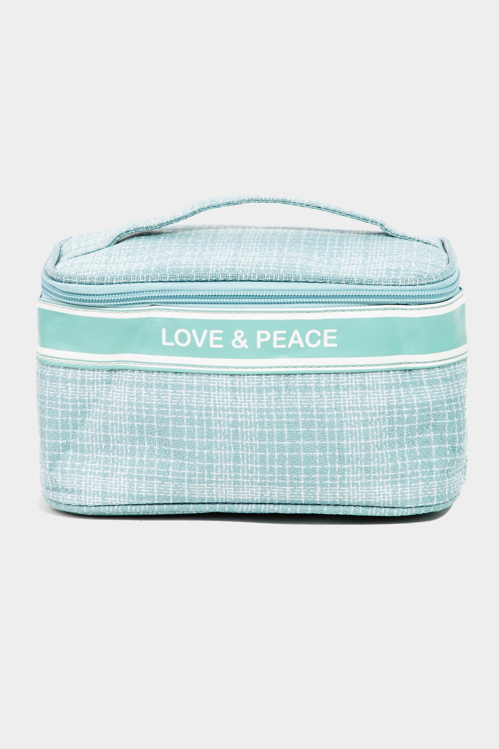 Introducing the Fame Love & Peace Striped Handle Bag: a turquoise toiletry bag with a chic design, adorned with a striped handle and secure zip closure, featuring "Love & Peace" printed on the front.