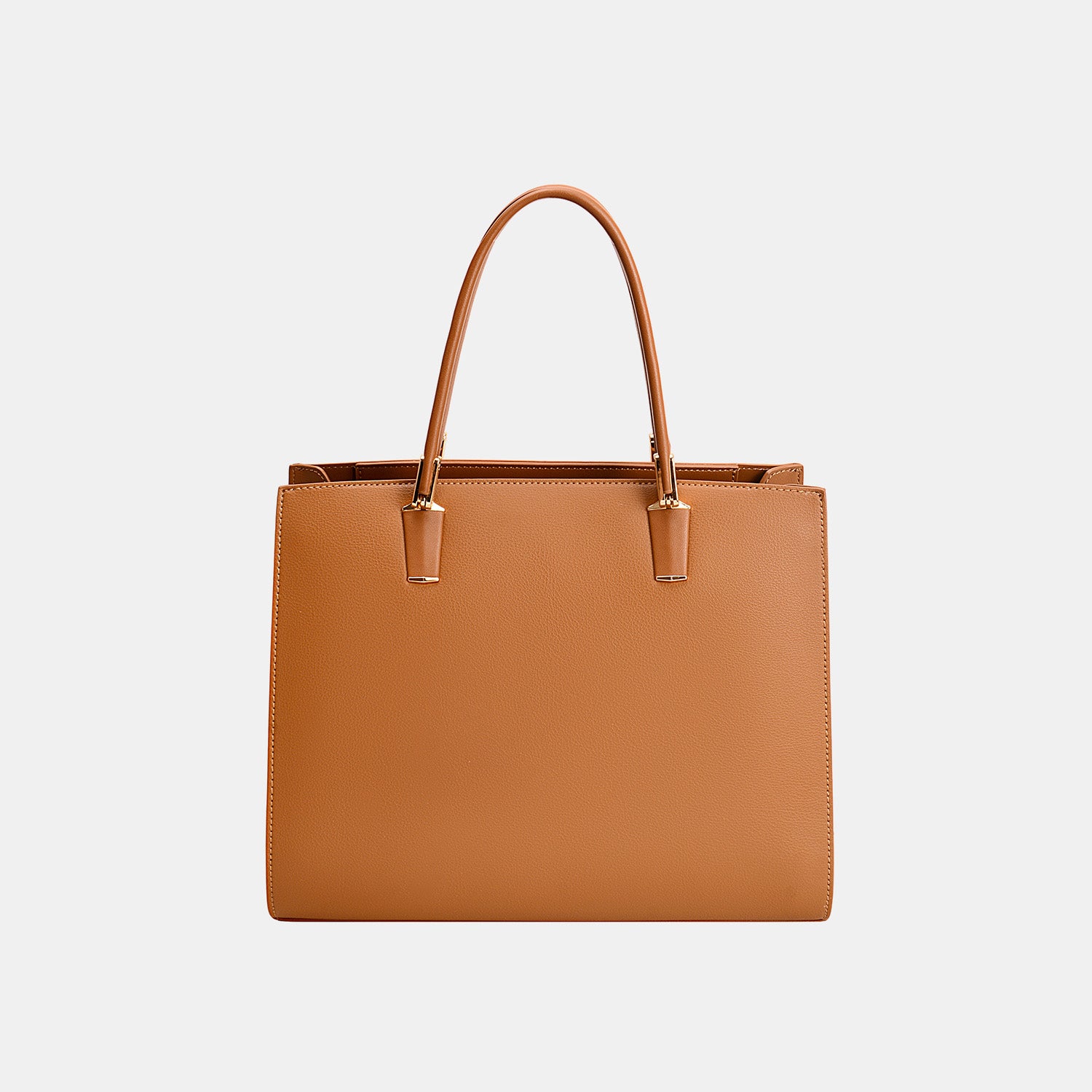 Introducing the David Jones PU Leather Medium Handbag, a chic accessory crafted from tan leather, showcasing dual handles and refined stitching details against a plain background.