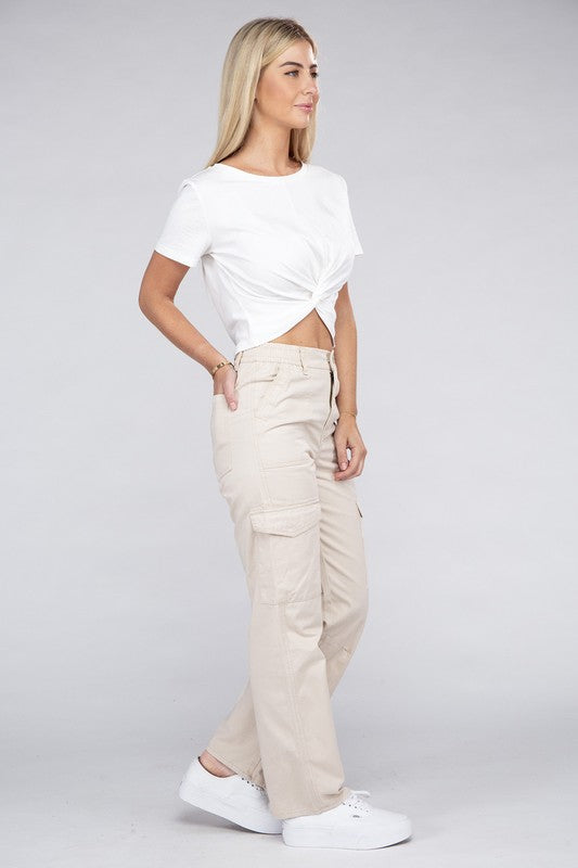 A person is wearing high-waisted, olive green Everyday Wear Elastic-Waist Cargo Pants, complemented by black high-heeled sandals.