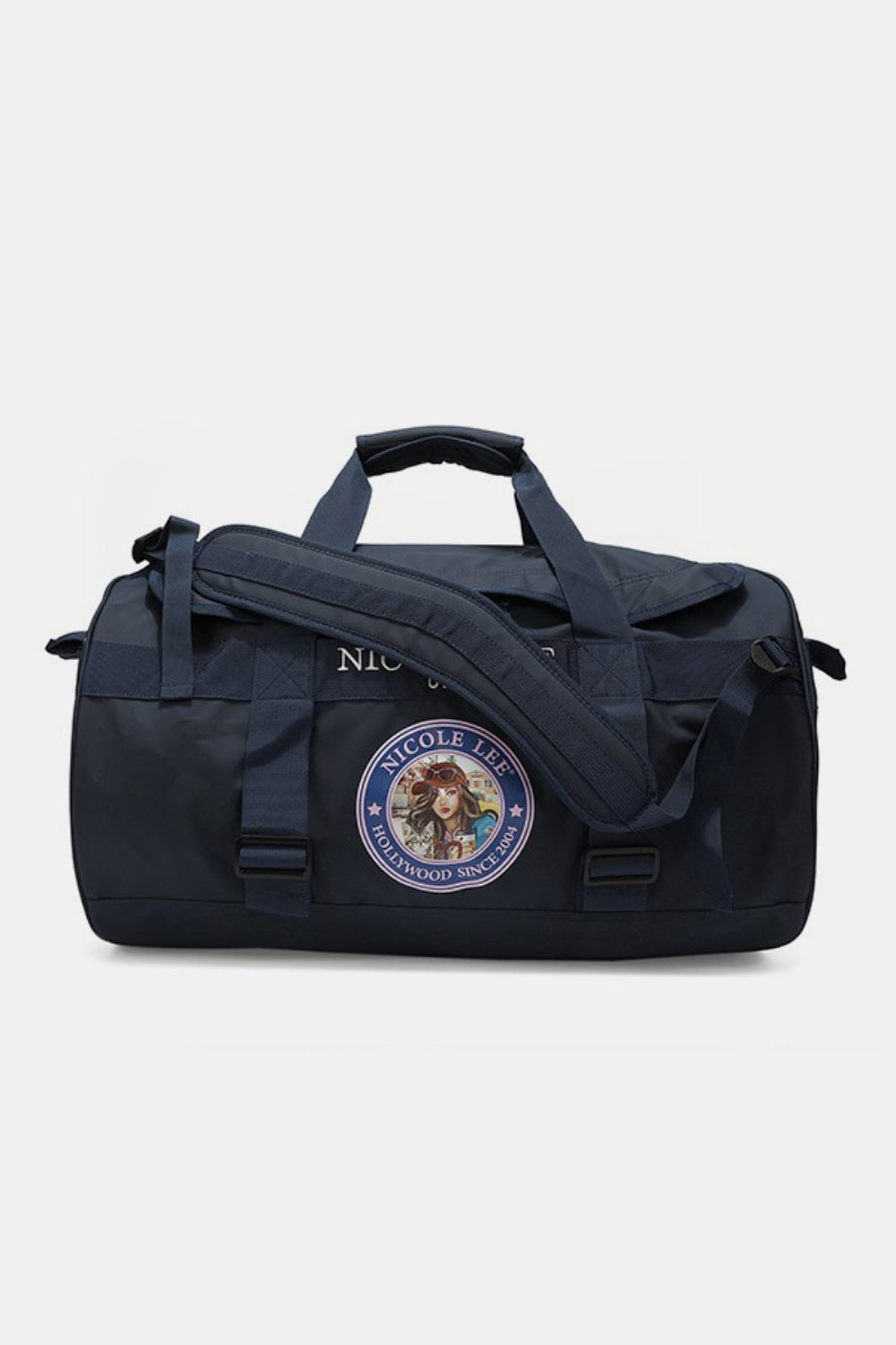 The Nicole Lee USA Large Duffel Bag is a lightweight, green bag with black straps and handles, featuring the "Nicole Lee USA" logo in the center and offering versatile carrying options.